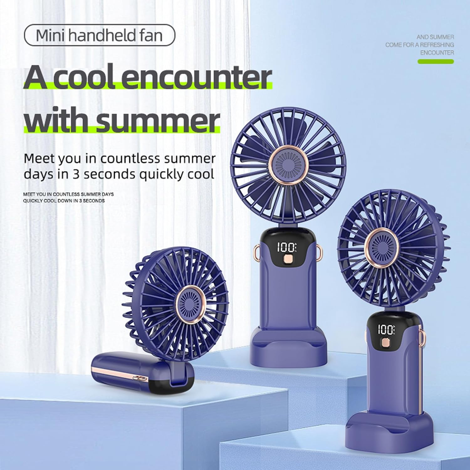 Handheld Fan, Portable Fan, USB Rechargeable Personal Fan, 90&deg; Foldable Mini Desk Fan, 5 Wind Speeds, LED Digital Display, Lanyard Can Be Used as Neck Fan Suitable for Office/Travel/Outdoor Use （Bule）