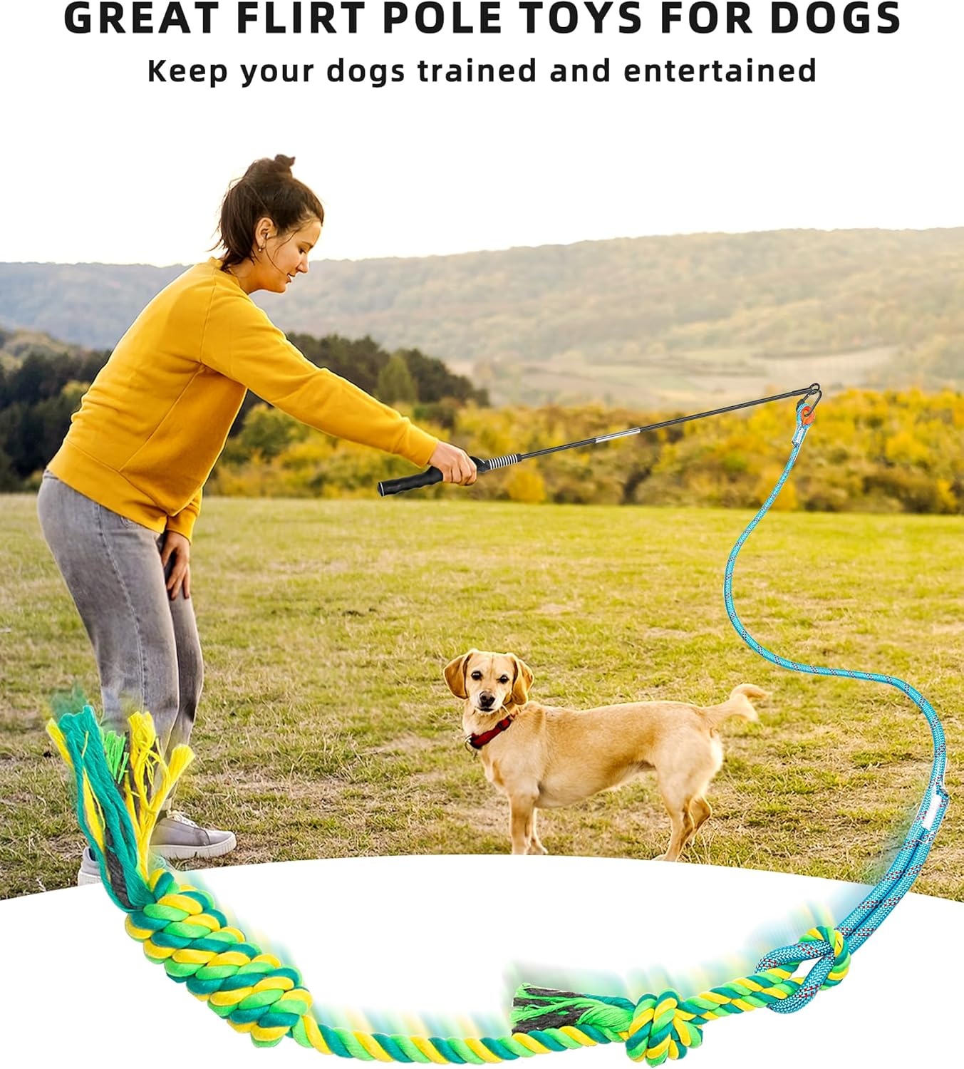 Ycozy Flirt Pole for Dogs Chase & Tug of War Interactive Dog Teaser Wand Toys Outdoor Exercise & Training with 2 Replacement Toys for Small Medium Large Dogs - Pole 83Cm image number 2