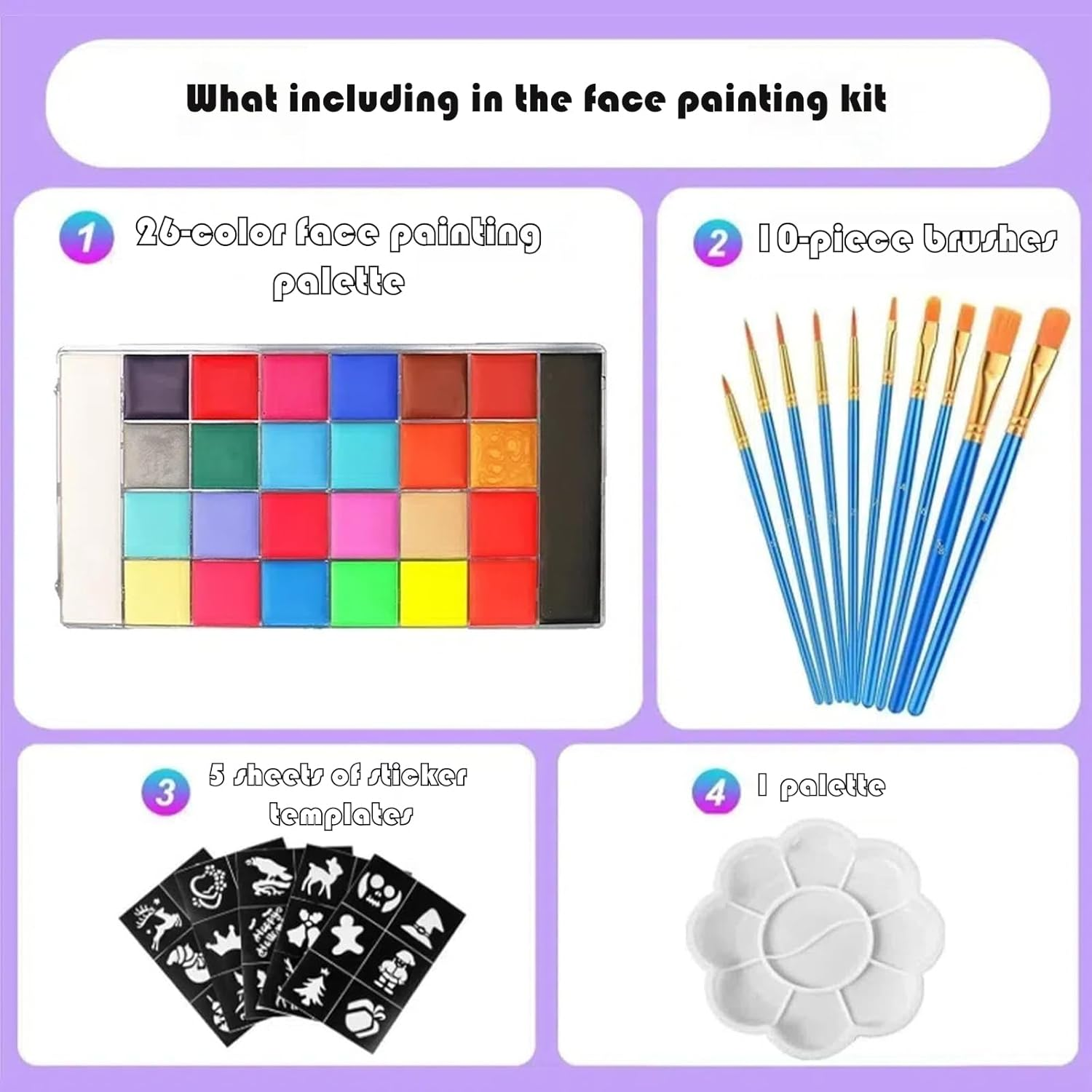 Face Painting Kit-26 Colors Body Face Paints Palette with 10 Professional Artist Brush and Stencils,Non Toxic Facepaint for Kids Adult for Halloween Cosplay Christmas Party SFX Arty Stage Makeup image number 6