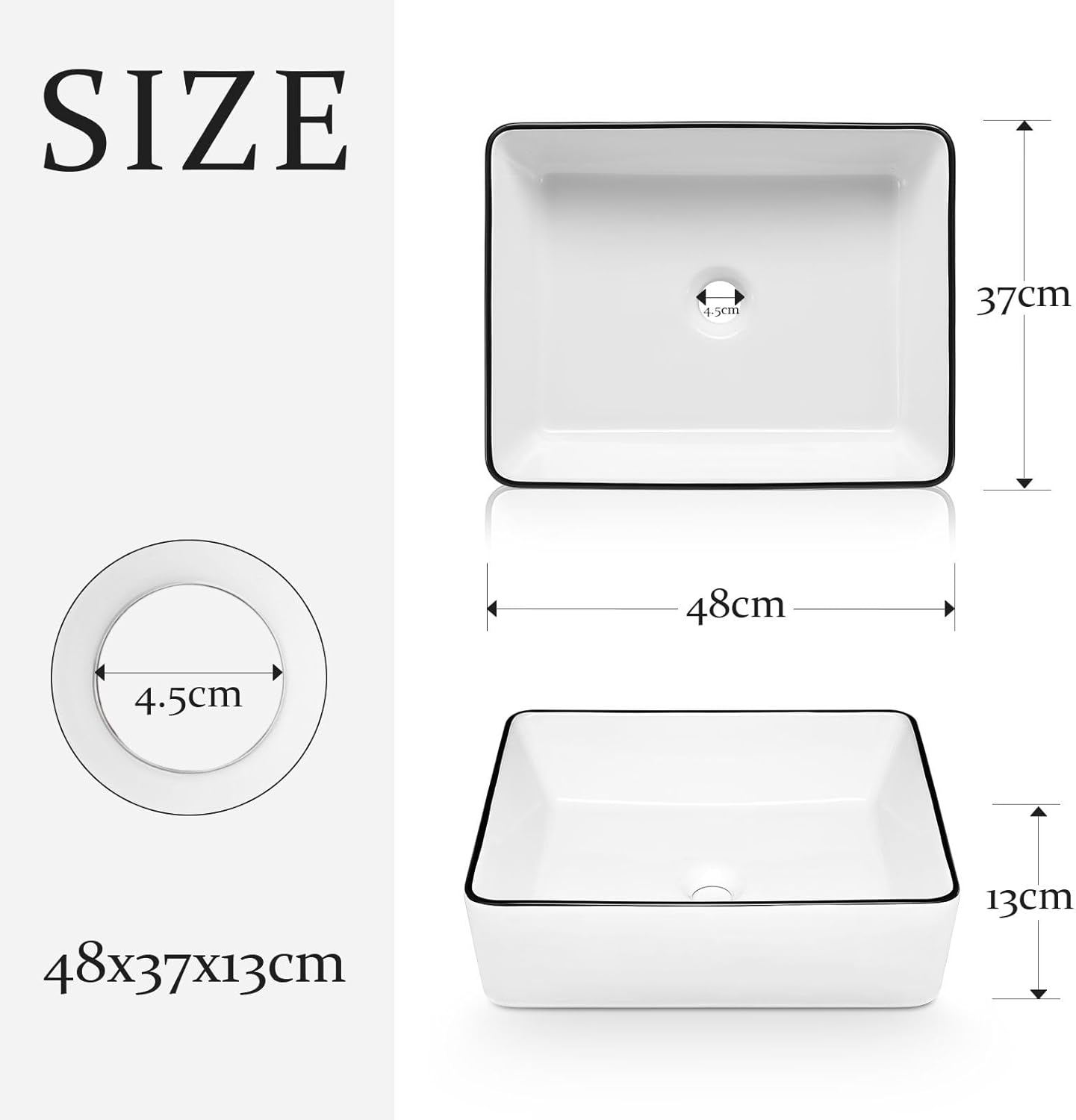 Luxsuite Bathroom Basin Rectangle Ceramic Basin Sink Vessel Washing Basin Vanity Hand Wash Bowl above Counter Bath Toilet Countertop White 48X37Cm - Black-M2 image number 7