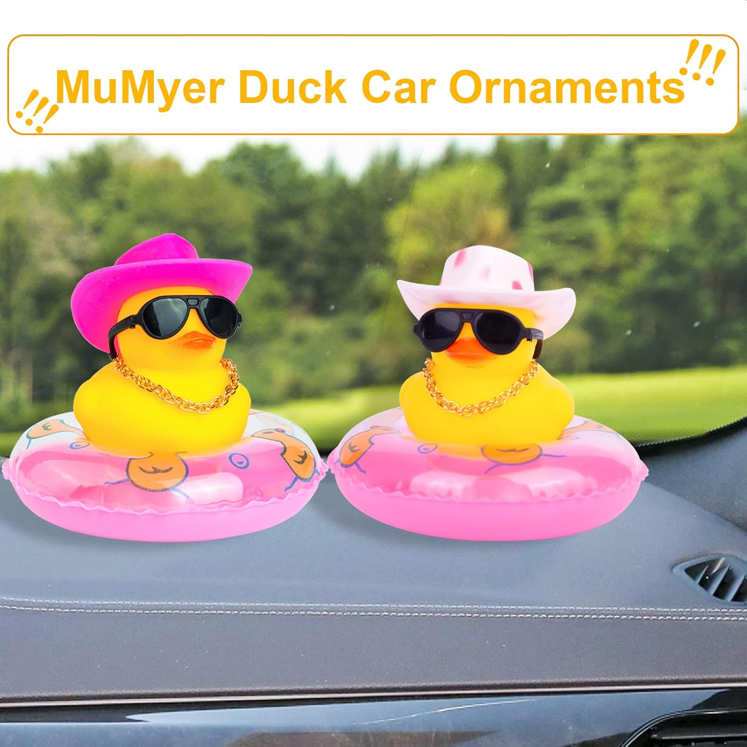 Car Rubber Duck 2Pcs Dashboard Decorations Yellow Duck Ornaments with Mini Swim Ring Sun Hat Necklace and Sunglasses
