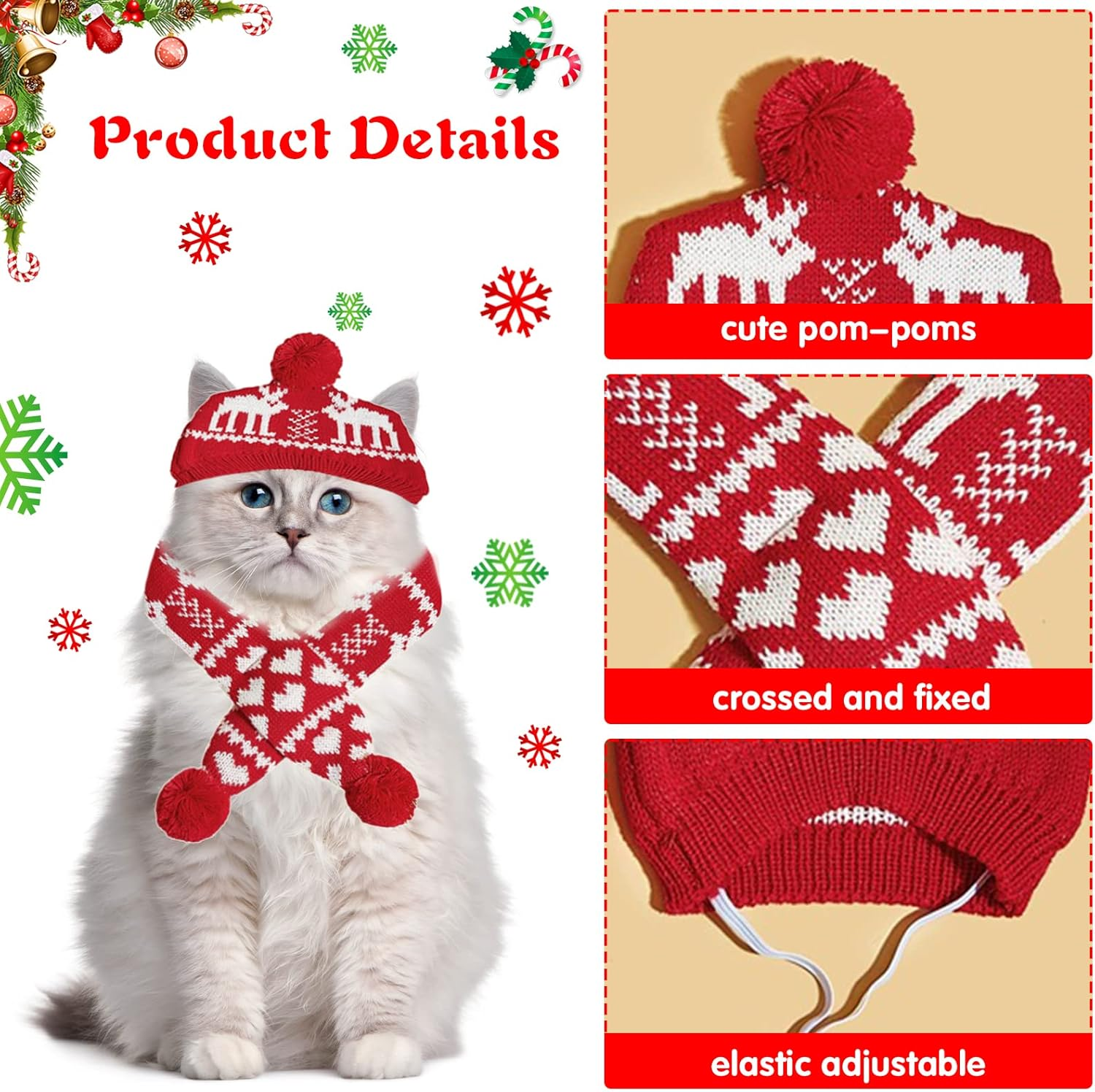 2 Pieces Christmas Pet Hat Scarf Set Winter Warm Puppy Collar Knitting Pet Hat Dog Cat Costume Accessories Adjustable Print Scarf and Hat for Small to Medium Pets (Medium, Deer) image number 2