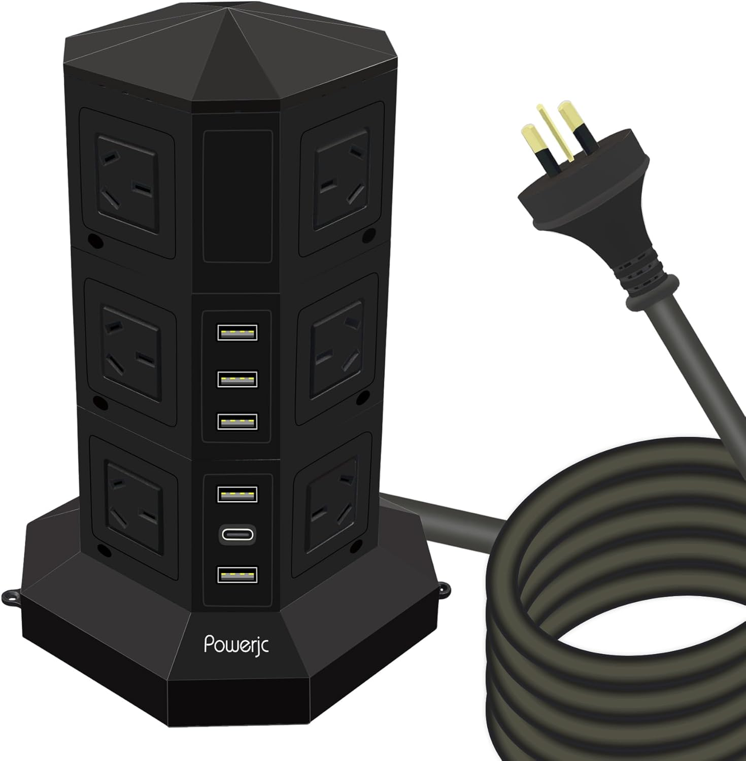 Powerjc Tower Power Strip USB Surge Protector Socket 12 AC Outlets with 5 USB or 1 USB C PD 25W Totals 6A Ports Chargers 3M Long Extension Cord SAA Certified Black image number 2