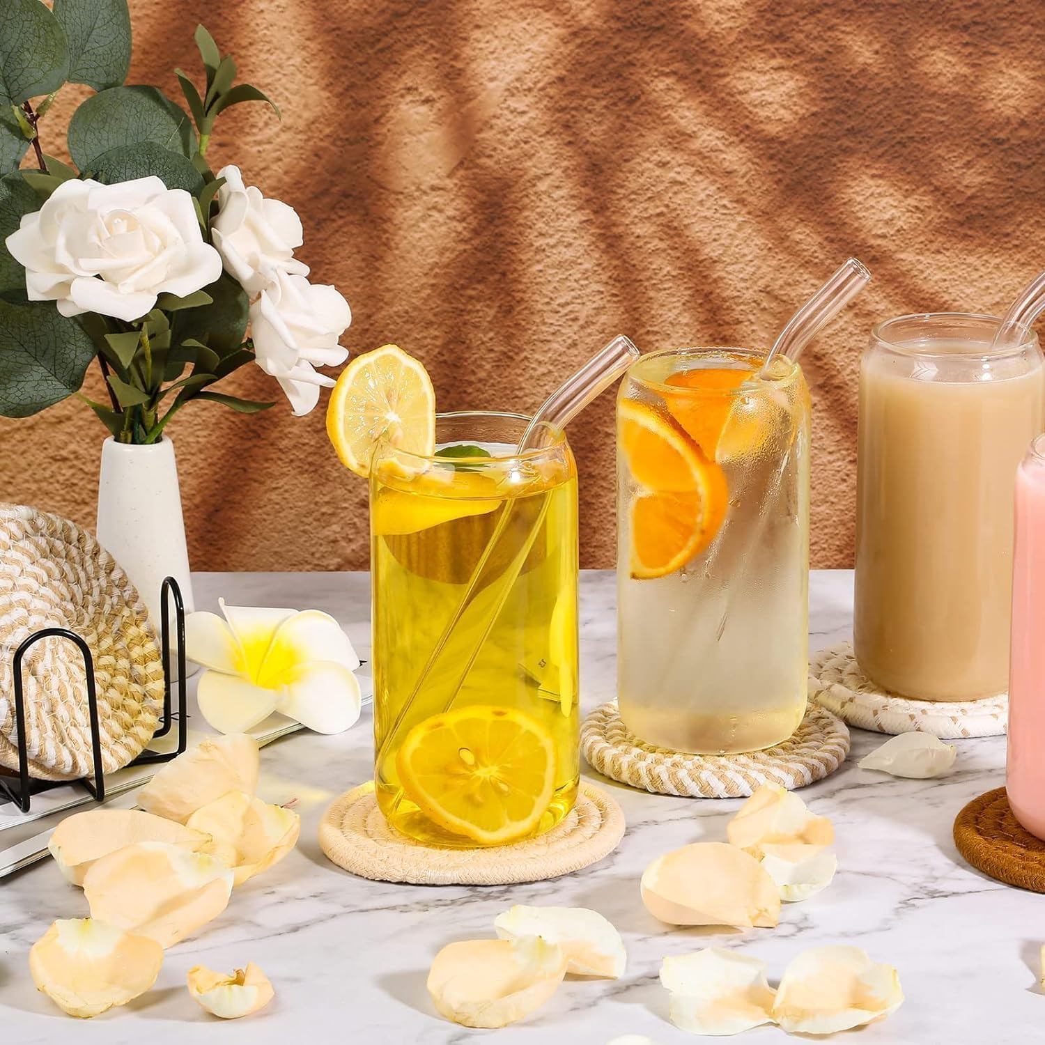 8 Pcs Drink Coasters with Holder, 4-Pack Absorbent Cotton Woven Coasters Set, 4 Colors, 4.3' Inch Non-Slip Table Protectors, Minimalist Home Decor for Cups, Mugs, & Glassware (Khaki) - Black image number 2