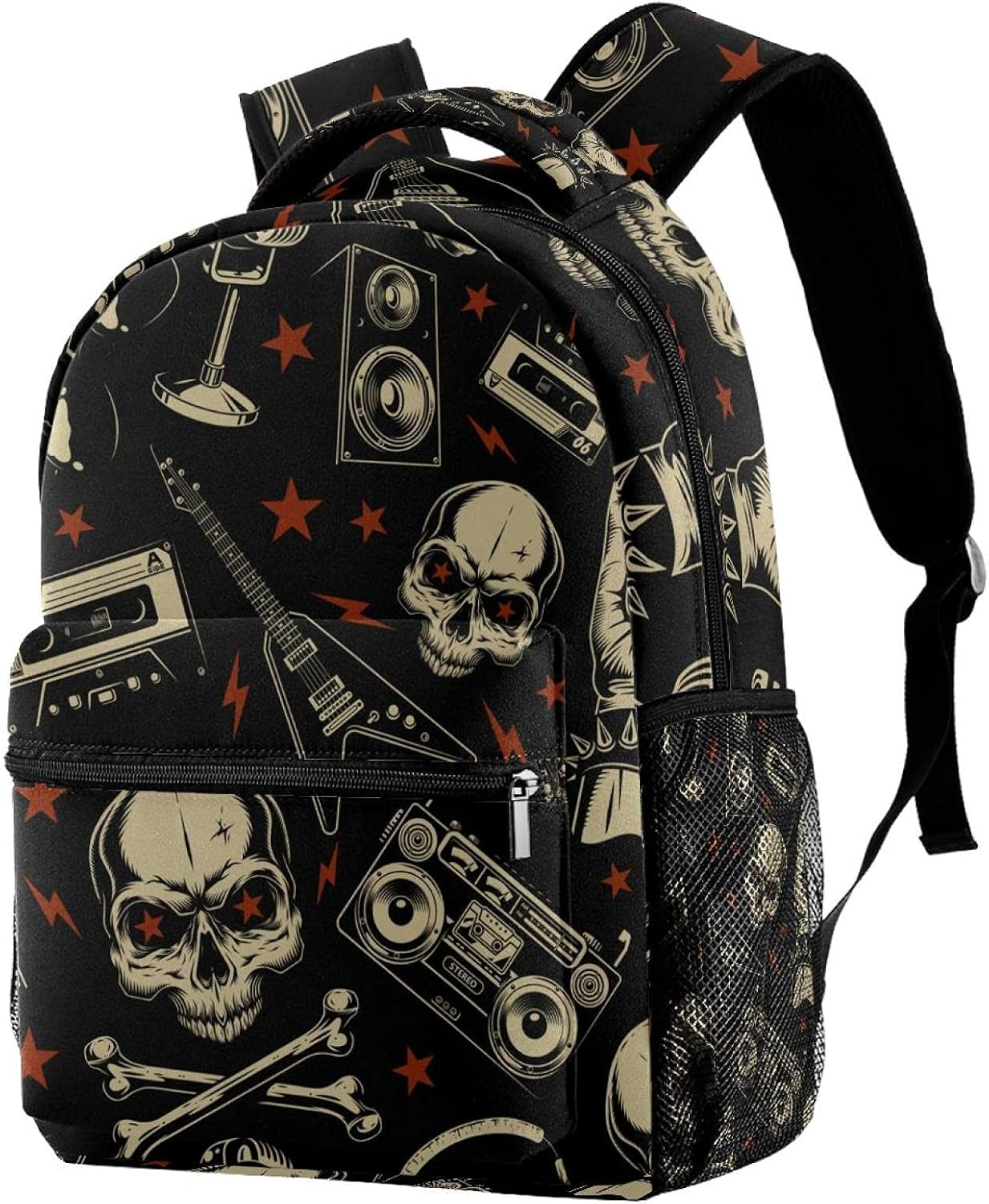Grunge Pattern with Skulls Guitar Backpack Students Shoulder Bags Travel Bag College School Tote Backpacks image number 3