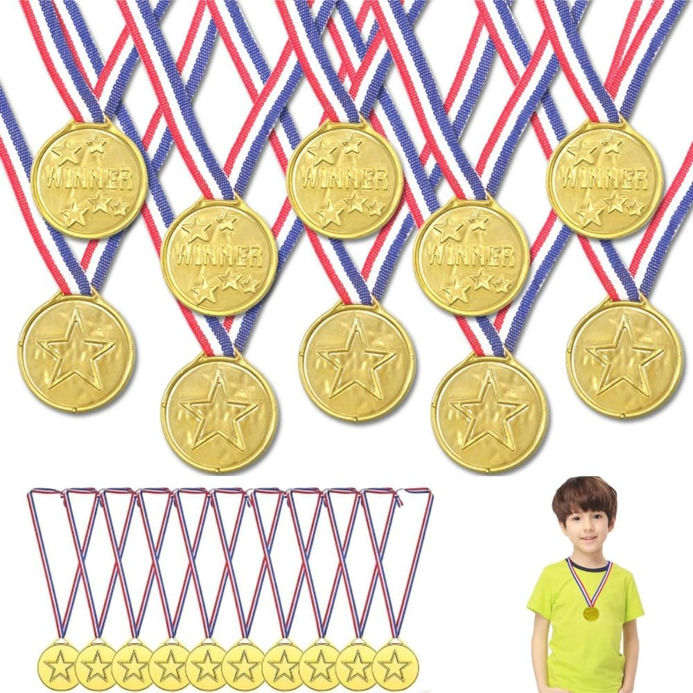 30Pcs Gold Plastic Winner Award Medals, Plastic Medal with Neck Ribbons for Student Rewards, Winner Participation Medals for Party Decoration, Games Competition, Sports, Activity, Talent Show