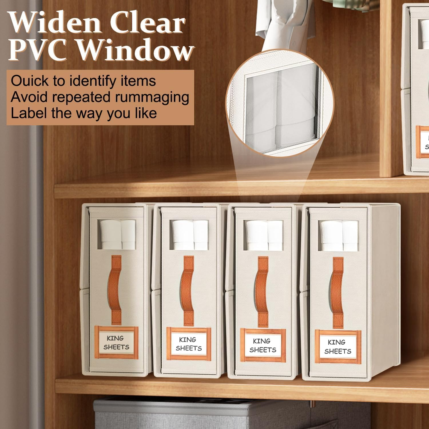 Foldable Bed Sheet Organizer & Storage Box for Linen Closet &ndash; Duvet Cover & Bedding Storage with Handle, Space-Saving Wardrobe Organiser, Saving Wardrobe Organiser (Beige, 8 Pack-King Size-3.7 Gal) image number 2