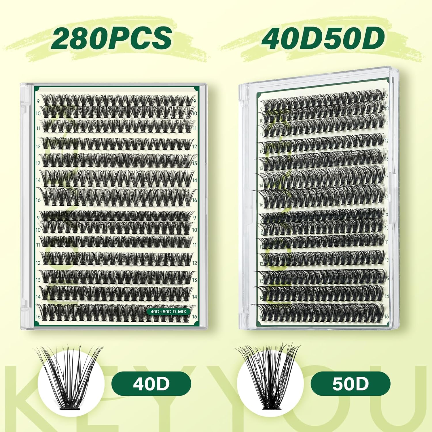KEYYOU Lash Clusters 280Pcs Individual Lashes 40D+50D D Curl 9-16 MIX DIY Eyelash Extension Soft&Natural Volume Cluster Lashes DIY Lash Extension at Home(40D+50D） image number 3
