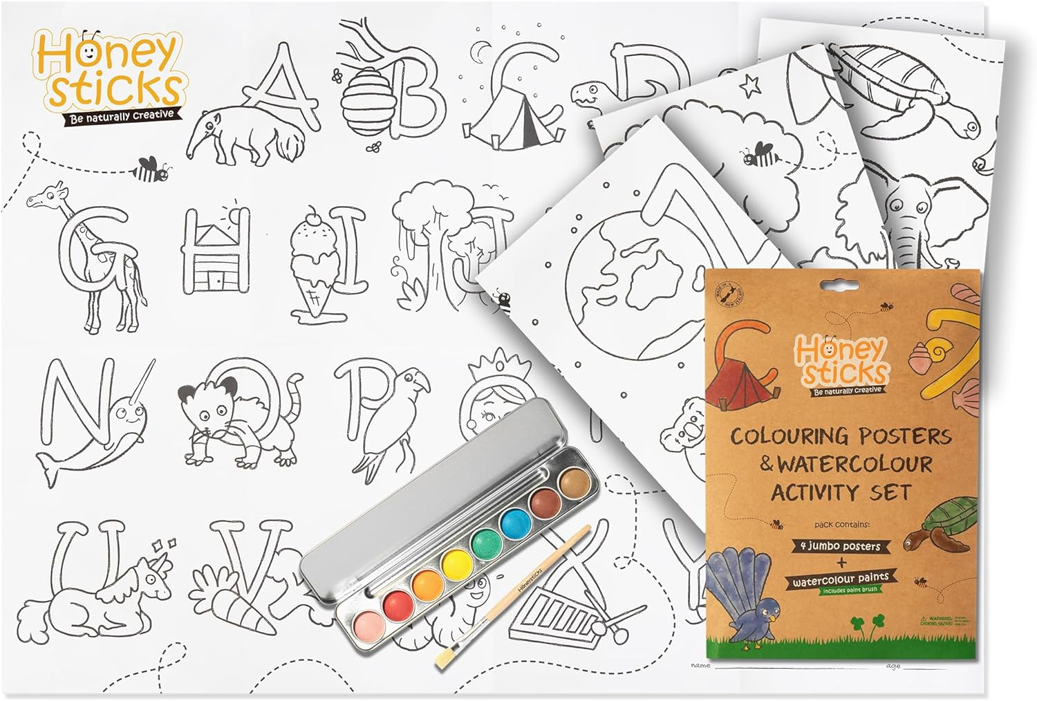 Honeysticks Non Toxic Watercolour Paint Set for Kids and Toddlers - 8 Vibrant Colours with Brush - Natural and Food Grade Ingredients - Child Safe Art Supplies - Great Gift Idea image number 1