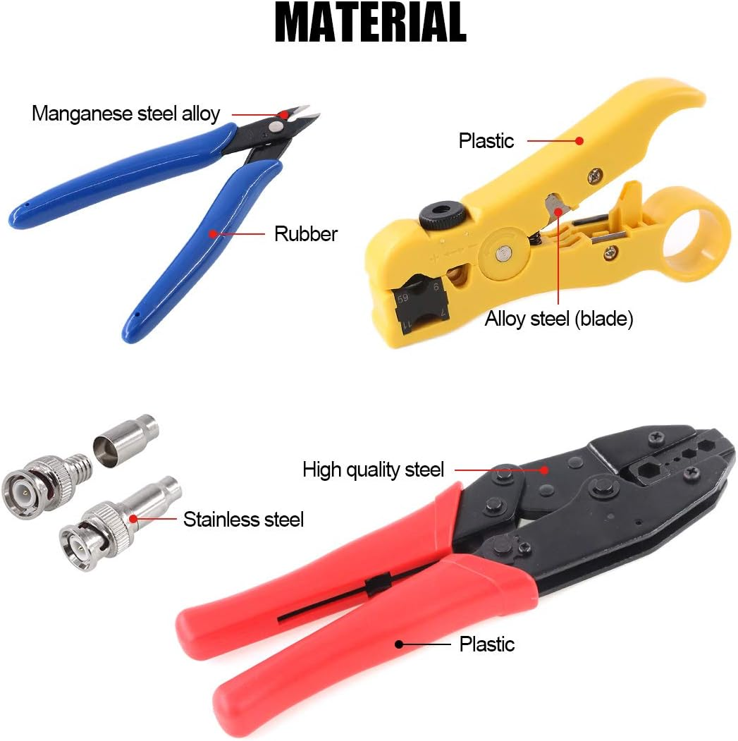Glarks Coax Coaxial BNC Professional Crimping Tool with RG59 Coax Connector and Round/Flat UTP Cat5 Cat6 Wire Stripper and Wire Cable Cutter for RG55 RG58 RG59 RG62 5 6 21 140 141 142 image number 3