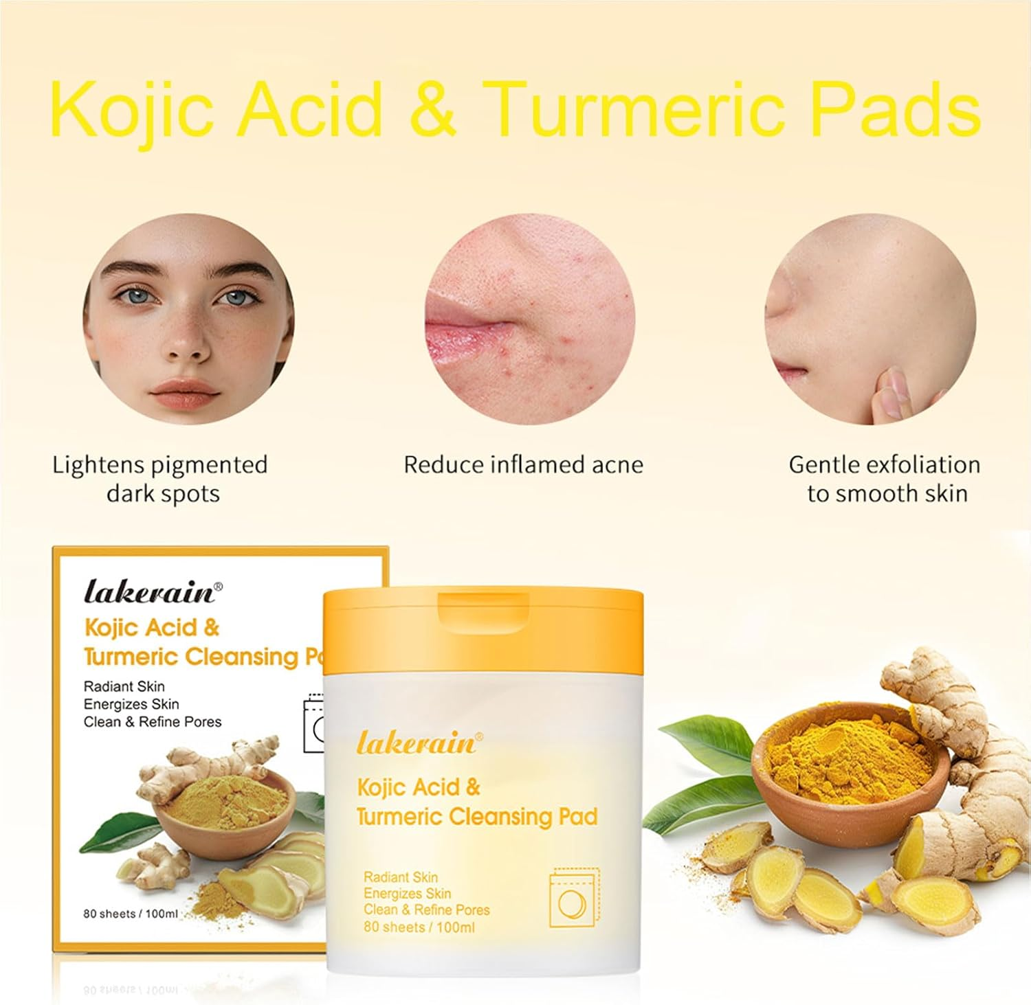 80 PCS Kojic Acid & Turmeric Cleansing Face Pads - Exfoliating, Kojic Acid Cleansing Pads for Face and Body image number 3