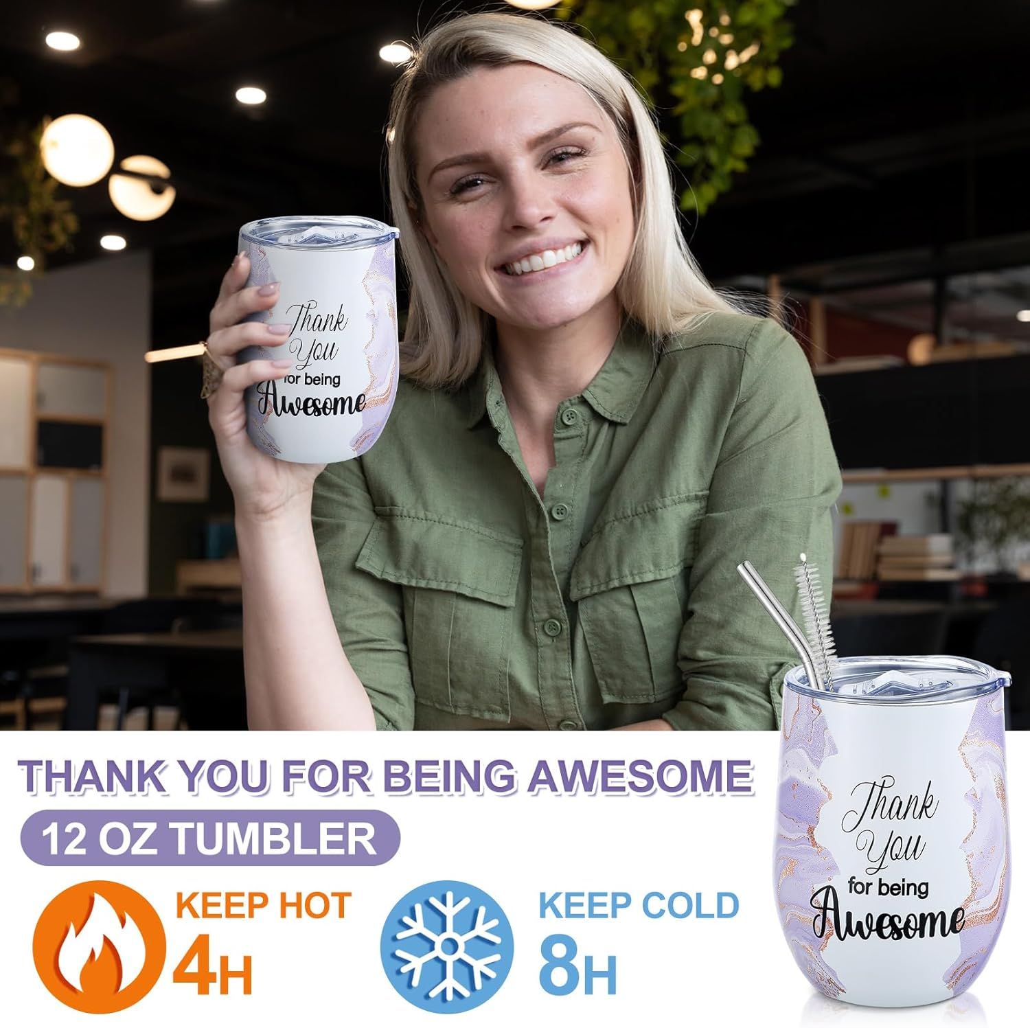 Perthlin 11 Pcs Thank You Gifts Sets for Women 12 Oz Tumbler Cosmetic Bags Candle Bracelet Keychain Card Appreciation Gift for Employee Teachers, Nurses, Coworkers, Boss, Leadership, Friends(Purple) image number 3