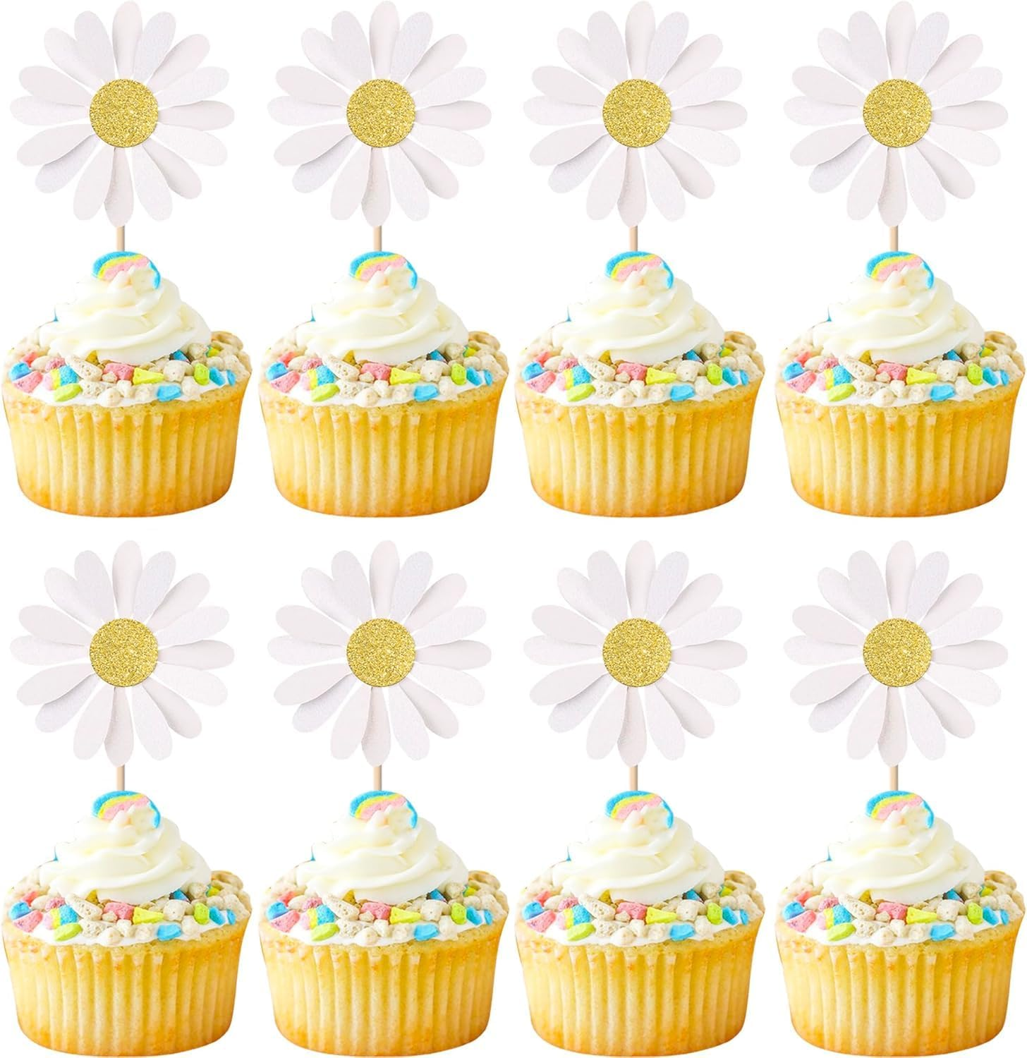 SYKYCTCY 24 Pack Daisy Cupcake Toppers Glitter White Daisy Flower Cupcake Picks Spring Daisy Flower Cake Decorations for Chrysanthemum Theme Birthday Kids Baby Shower Party Supllies (#1)