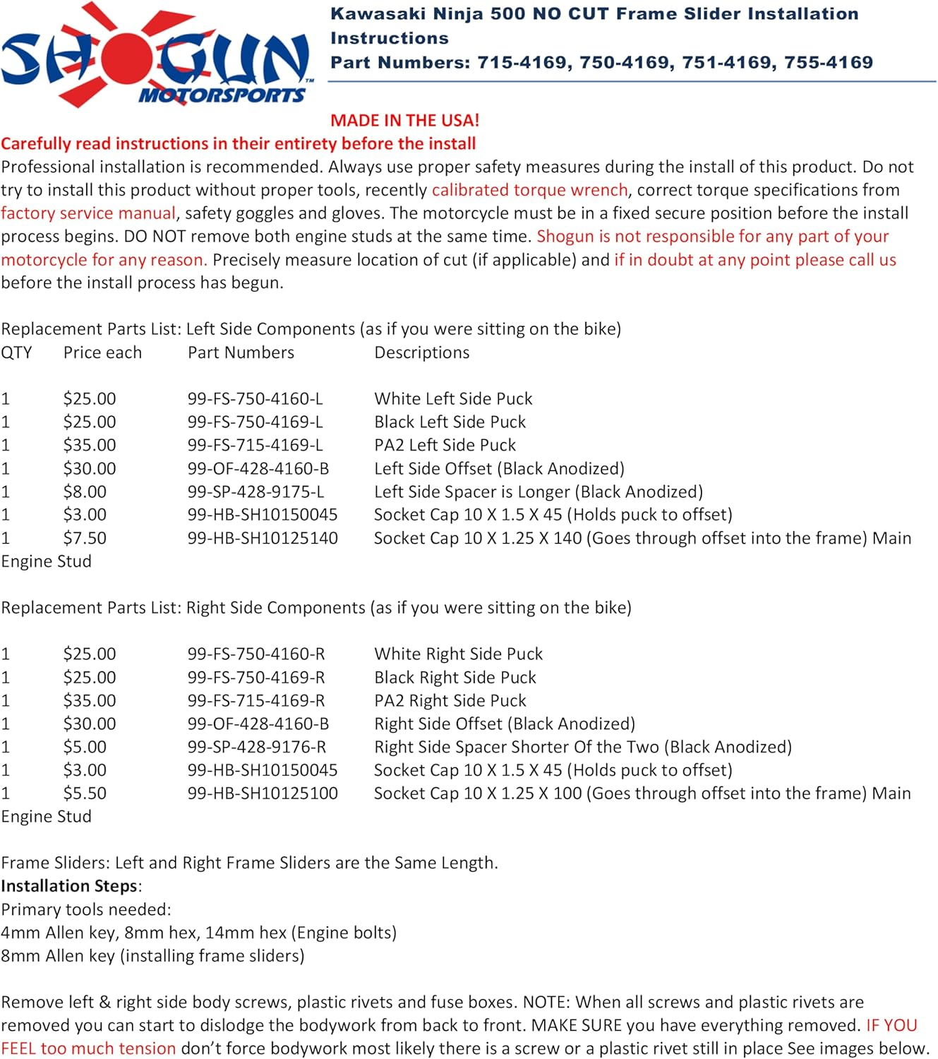 Shogun USA Made Kawasaki Ninja 500 Z500 2024 2025 NO Cut Black Frame Sliders Fits ABS & Non ABS Models - 750-4169 - Instructions Shown in Images