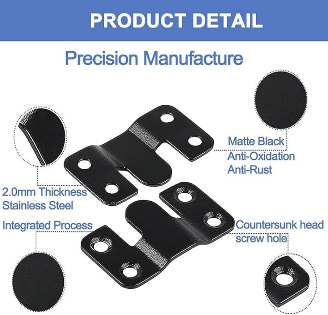 4 Pairs Flush Mount Bracket Concealed Interlocking Hang Buckle Stainless Steel Photo Hook Hardware Hanging for Pictures Mirrors Frames Headboard Furniture Connector Hangers(Black)