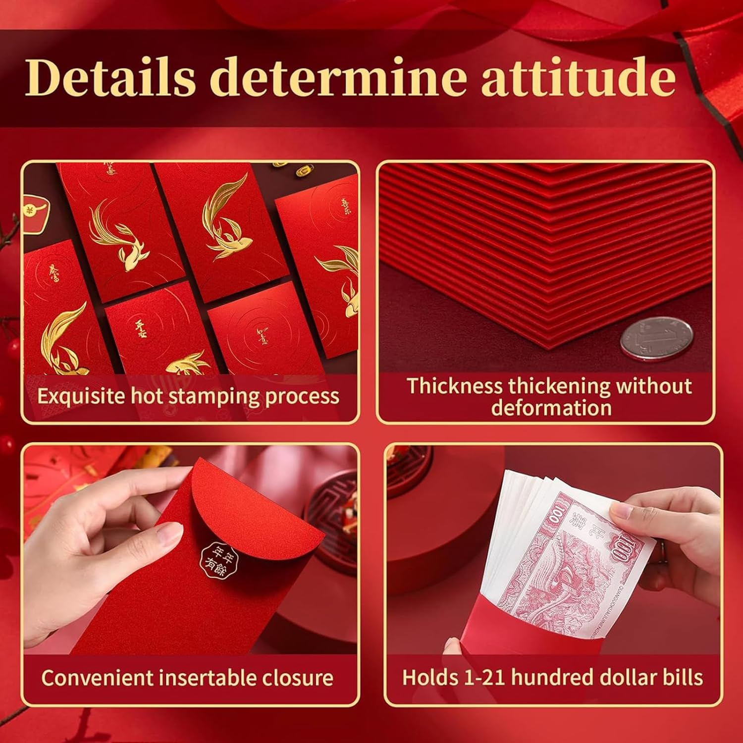Chinese New Year Red Envelopes, 12 Pieces, Lucky Money Packets, Hong Bao for Spring Festival image number 5