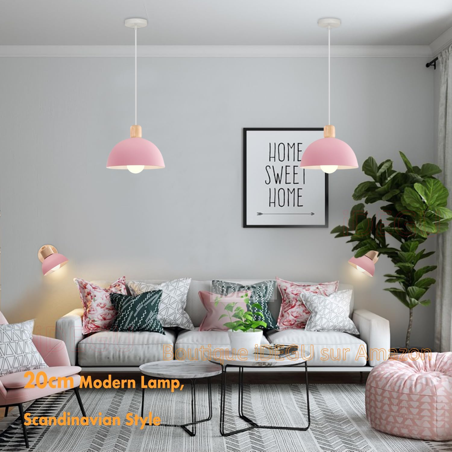 Idegu Diameter 20 Cm Pendant Lamp Retro E27 LED Pendant Light Modern Scandinavian Ceiling Light Made of Metal Wood Pendant Light for Bedroom Dining Room Kitchen Restaurant (Pink, 1 Piece) image number 1