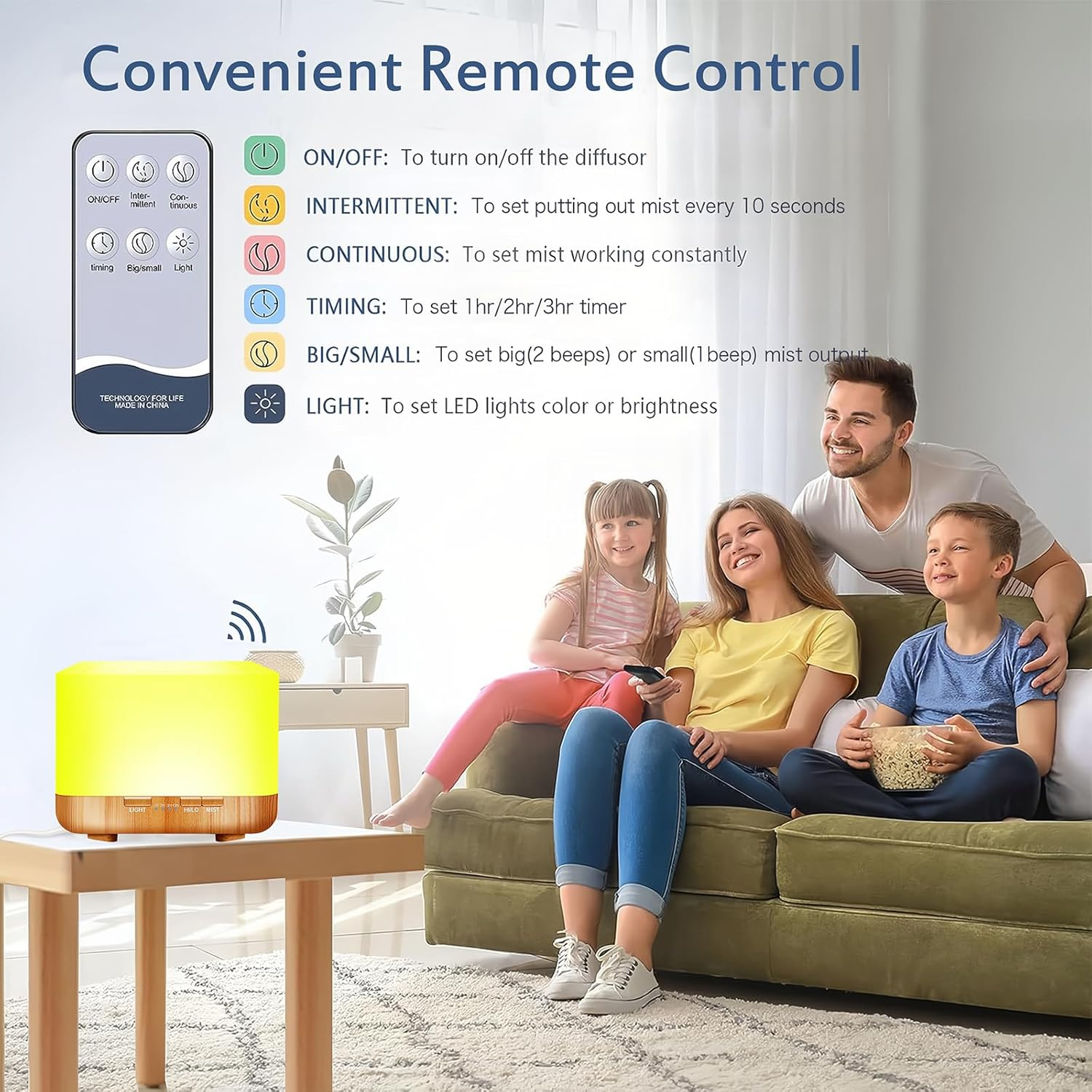 Sunfuny Essential Oil Diffuser, 600Ml Aromatherapy Diffuser Mini Air Humidifier with Remote, Ultrasonic Aroma Oil Vaporizer, Small Fragrance Cool Mist Humidifier with 7 LED Lights for Home, Xmas Gift image number 3