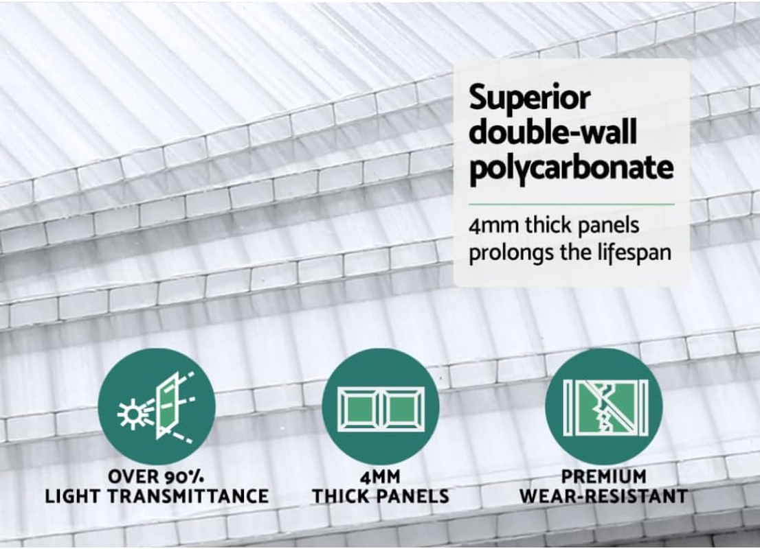 Green Fingers Greenhouse Polycarbonate Green House Mini Garden Shed Gardening Supplies Plant Stand Storage, 252 X 127 X 213Cm Aluminium Frame with Lockable Door and Gutter System