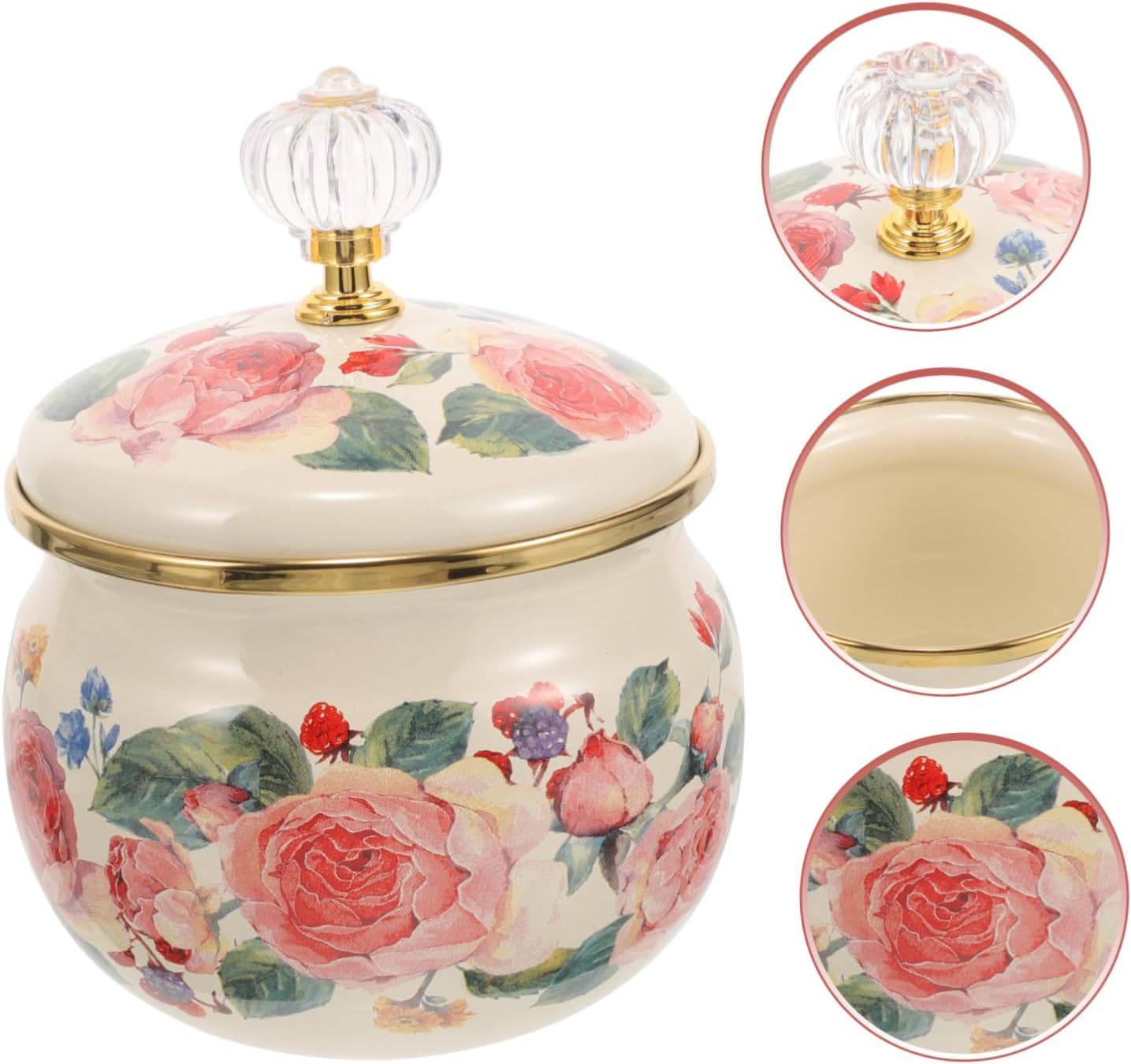 GRIRIW Enamel Spice Jar with Lid 9Cm Rose Pattern Multi-Function Ceramic Container for Kitchen Food Storage and Tea Sugar Canister Home Use image number 2