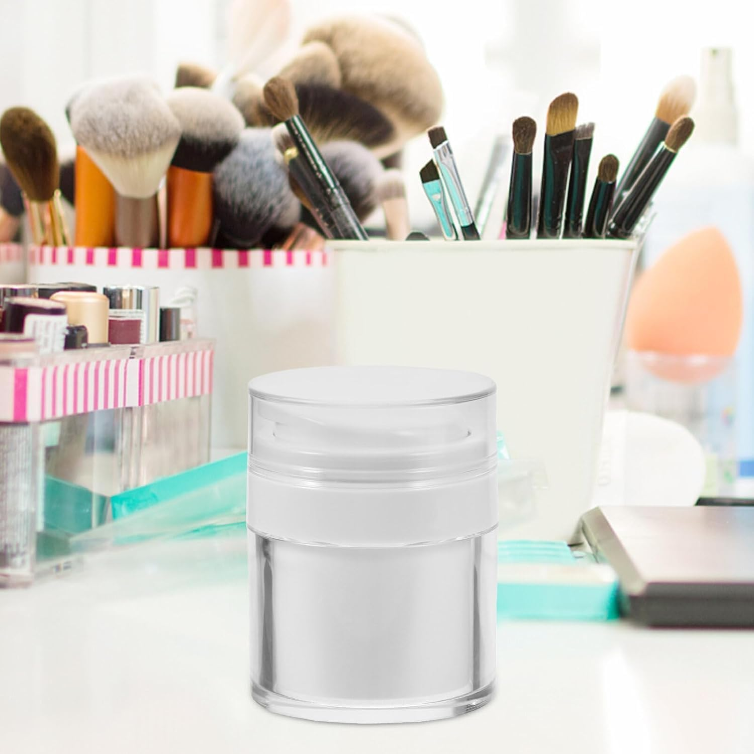 Airless Pump Dispensing Jar, 2 Pack 50Ml Refillable Cosmetic Cream Container, Airless Pumps Jars Empty Acrylic Cream Container, Empty Refillable Cosmetic Air Pump Jars image number 1