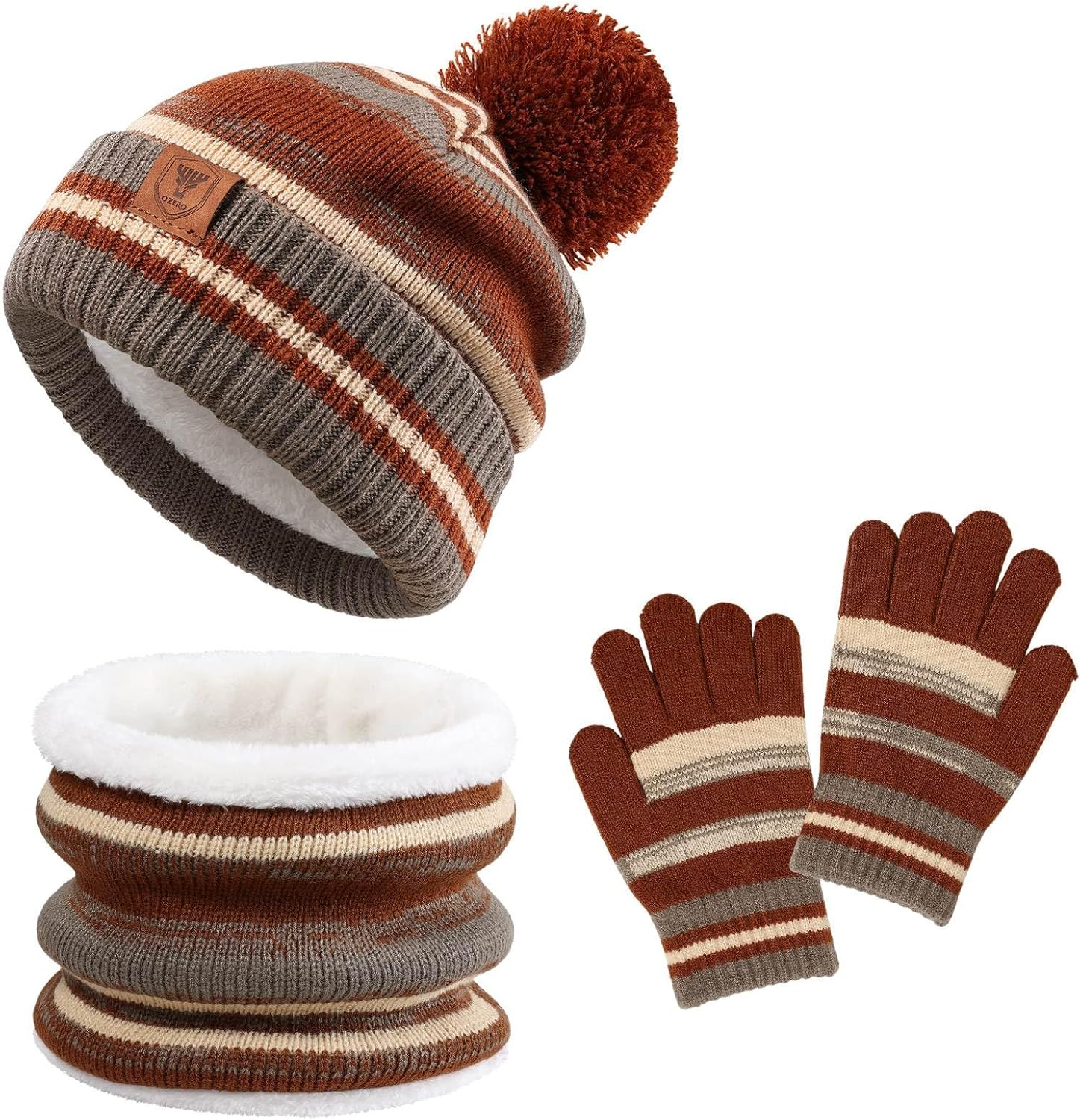 OZERO Kids Toddlers Winter Knit Warm Beanie Hat Scarf Gloves Set for Boys Girls Age 5-10, Knit Cap Neck Warmer Gloves Fleece Lined image number 4