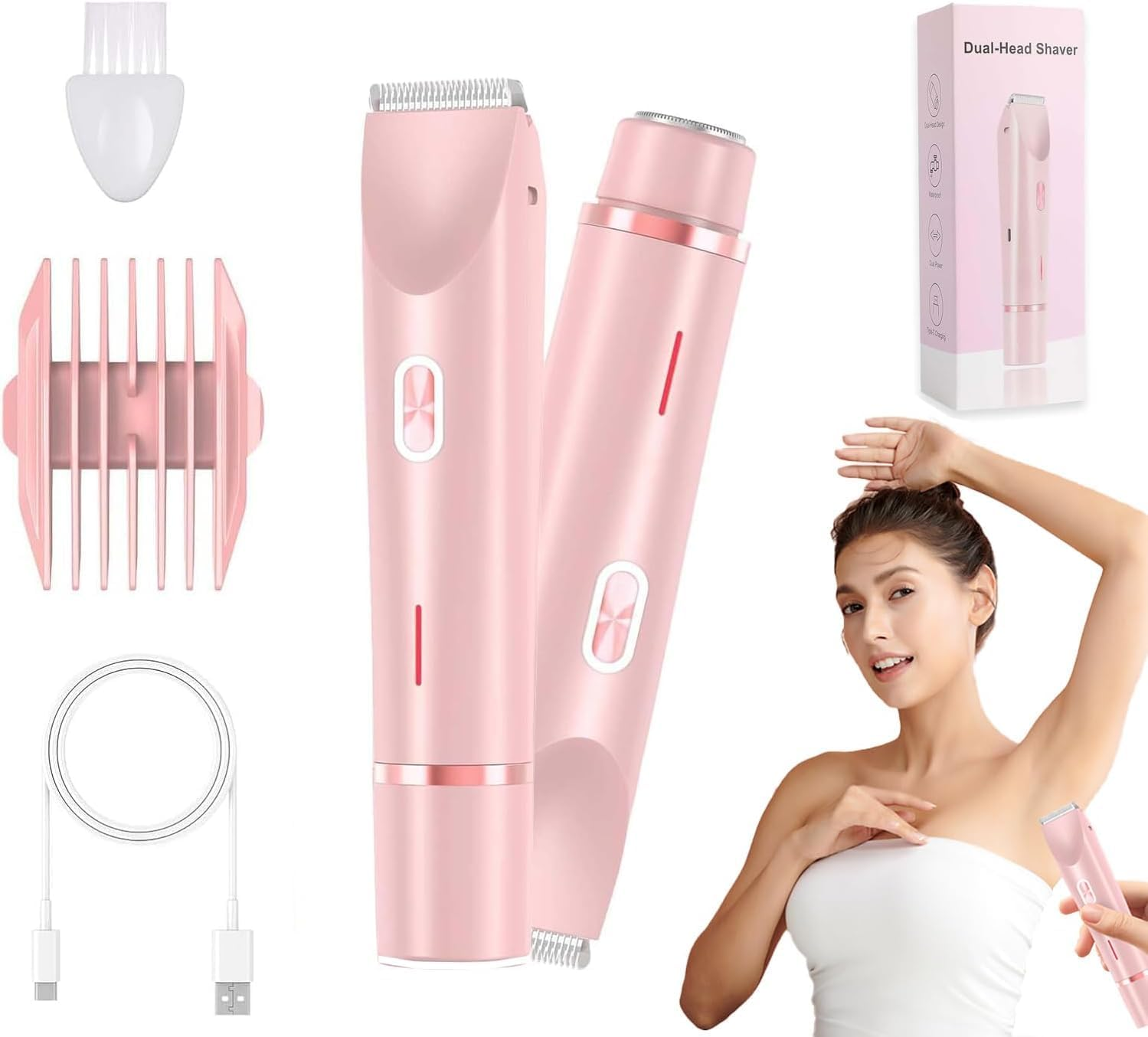 Comfort 2 in 1 Electric Lady Shaver, Waterproof Wet & Dry Use Body Hair Trimmer, Dual Head Shaver Women, Bikini & Body Shaving, Ladies Underarm Face Lip Legs Hands Hair Trimmer Afeamo