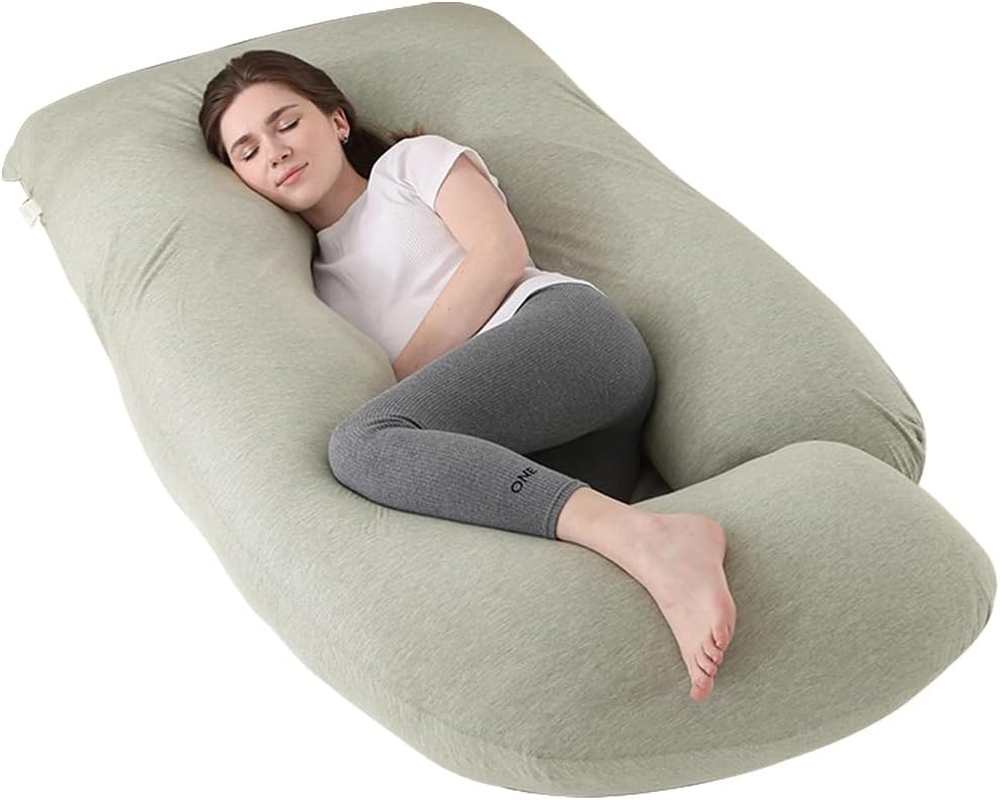 Pregnancy Pillow, Maternity Full Body Pillow for Back, Legs and Belly Support, J Shaped Full Body Pillow for Pregnant Women and Side Sleepers with Removable Cover (Knitted Cotton, Pink)