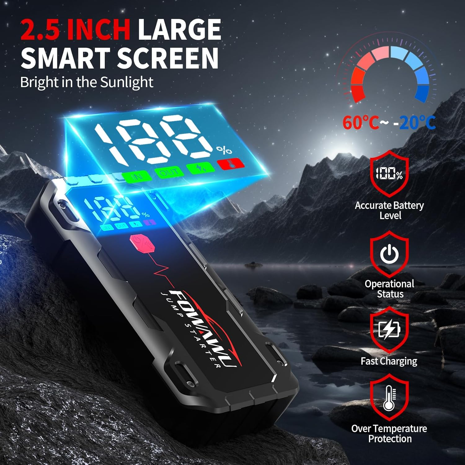 FOWAWU 26800 Mah 7000 a Peak Jump Starter for 12 V Vehicles (12 L Petrol / 10 L Diesel) and Moto, Car Battery Jump Starter Power Pack with Smart Jumper, 5 * 3.5 CM Large Screen and LED Torch