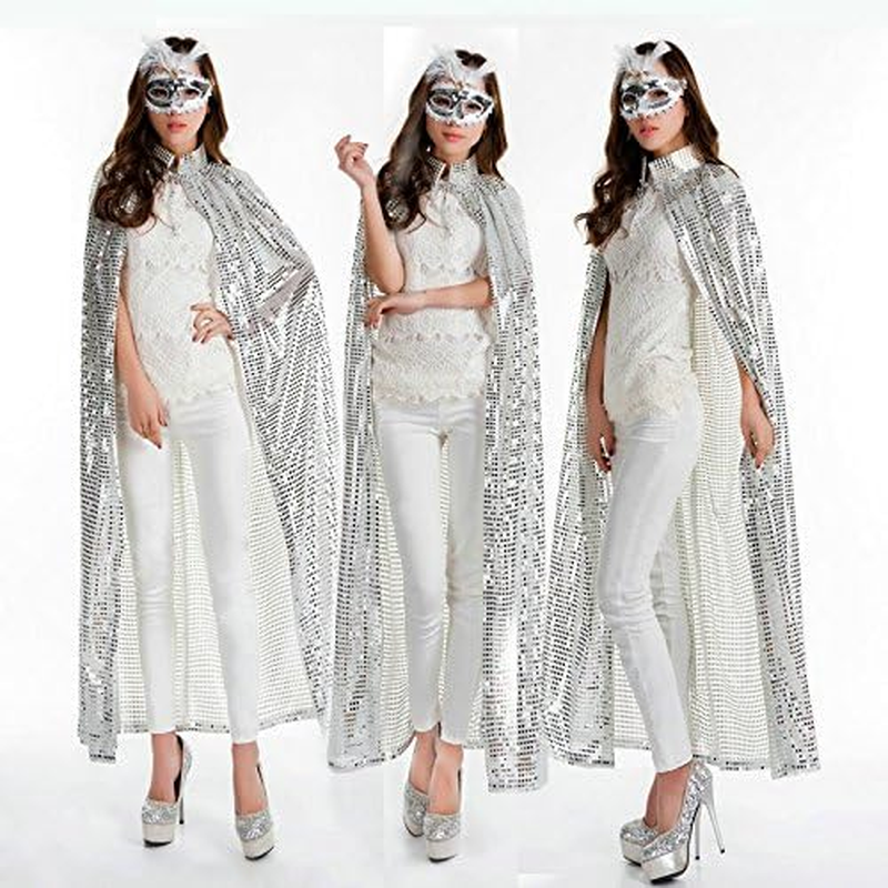 Halloween Costume Cape Sequin 55'' Long Cloak for Witch Vampire Wizard Magician Knight Cosplay Fancy Party Dress Role Play Dress up for Adults Women Men