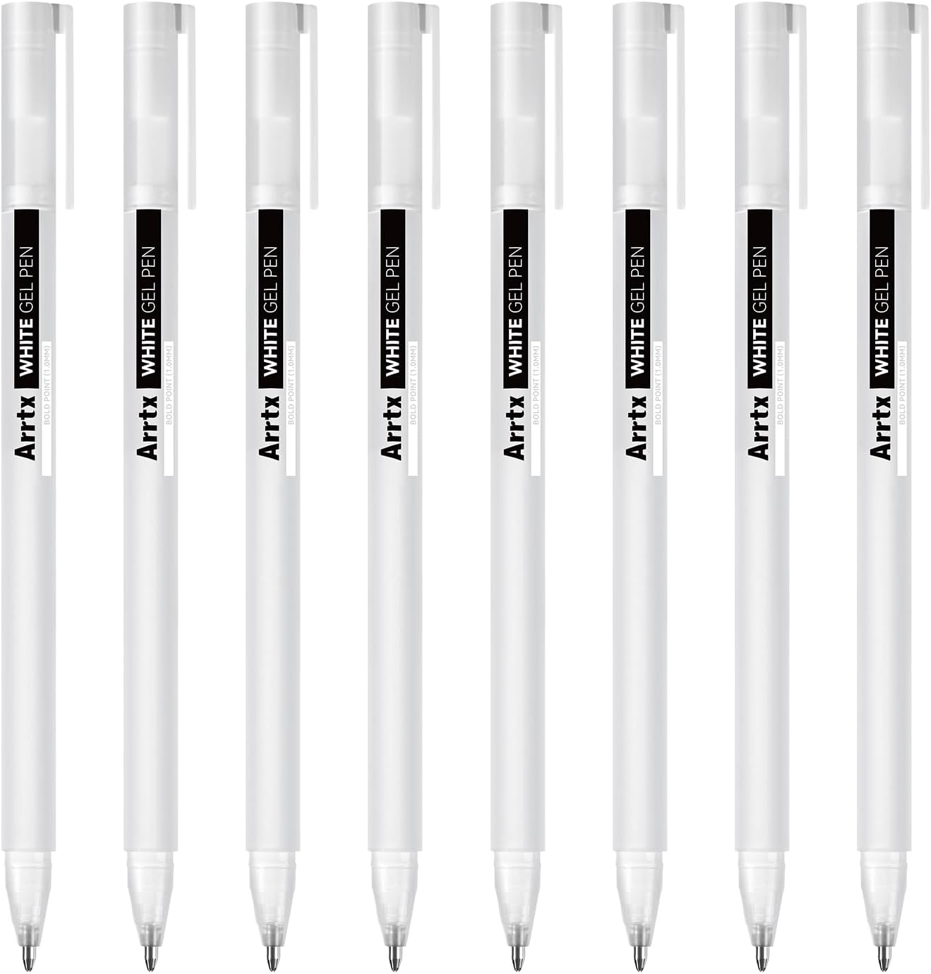 Arrtx White Gel Pens Set, 8 Pack, 1.0MM Bold Point Opaque Gel Ink Pens, Large Capacity White Ink Pens for Black Paper Drawing, Sketching, Illustration, Journaling, Writing, Adult Coloring