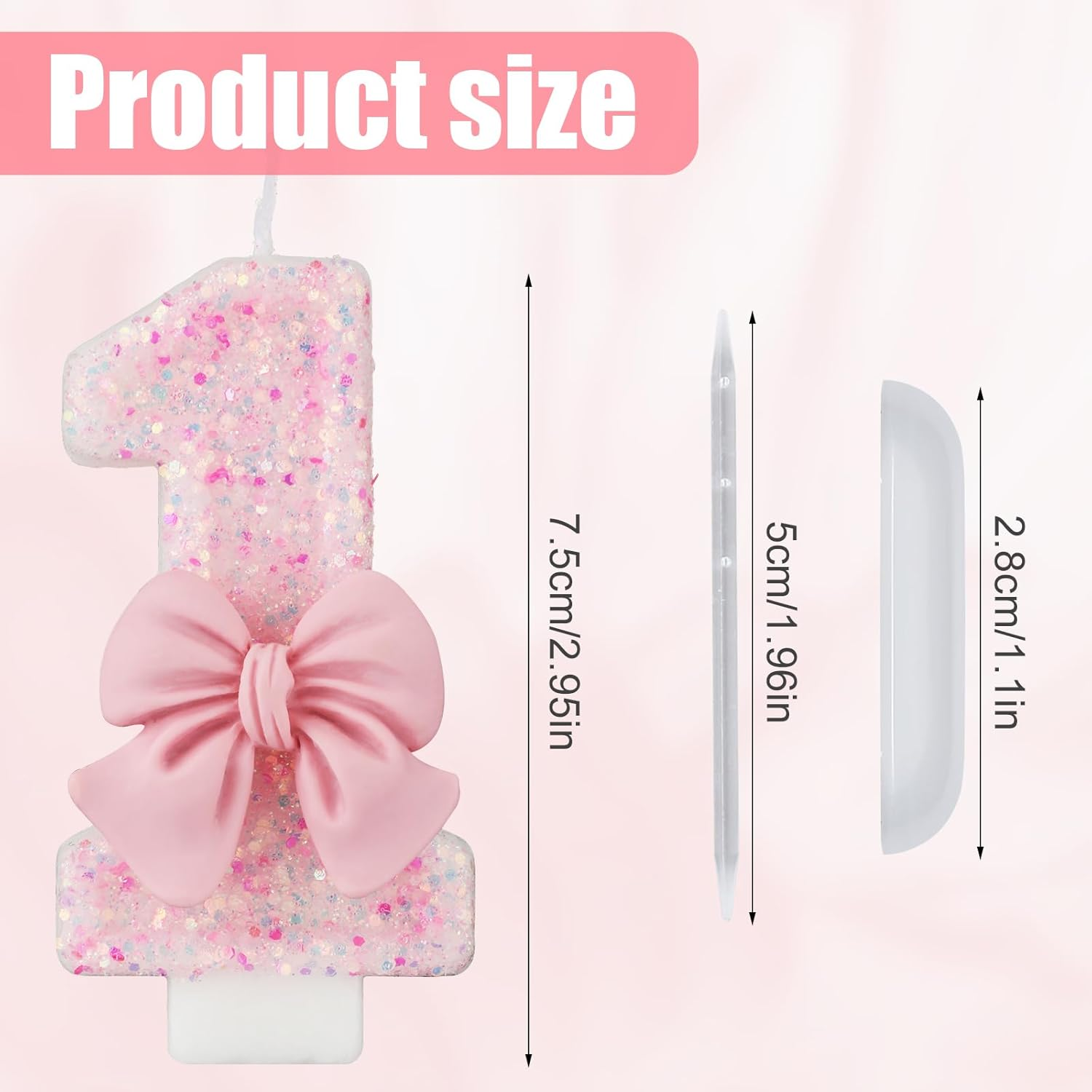 0-9 Birthday Candles, 2.95 Inch Pink Bow Glitter Number Candles Cake Topper Decorations for Kids Girls Adults Birthday Wedding Anniversary Party Supplies(1) image number 1