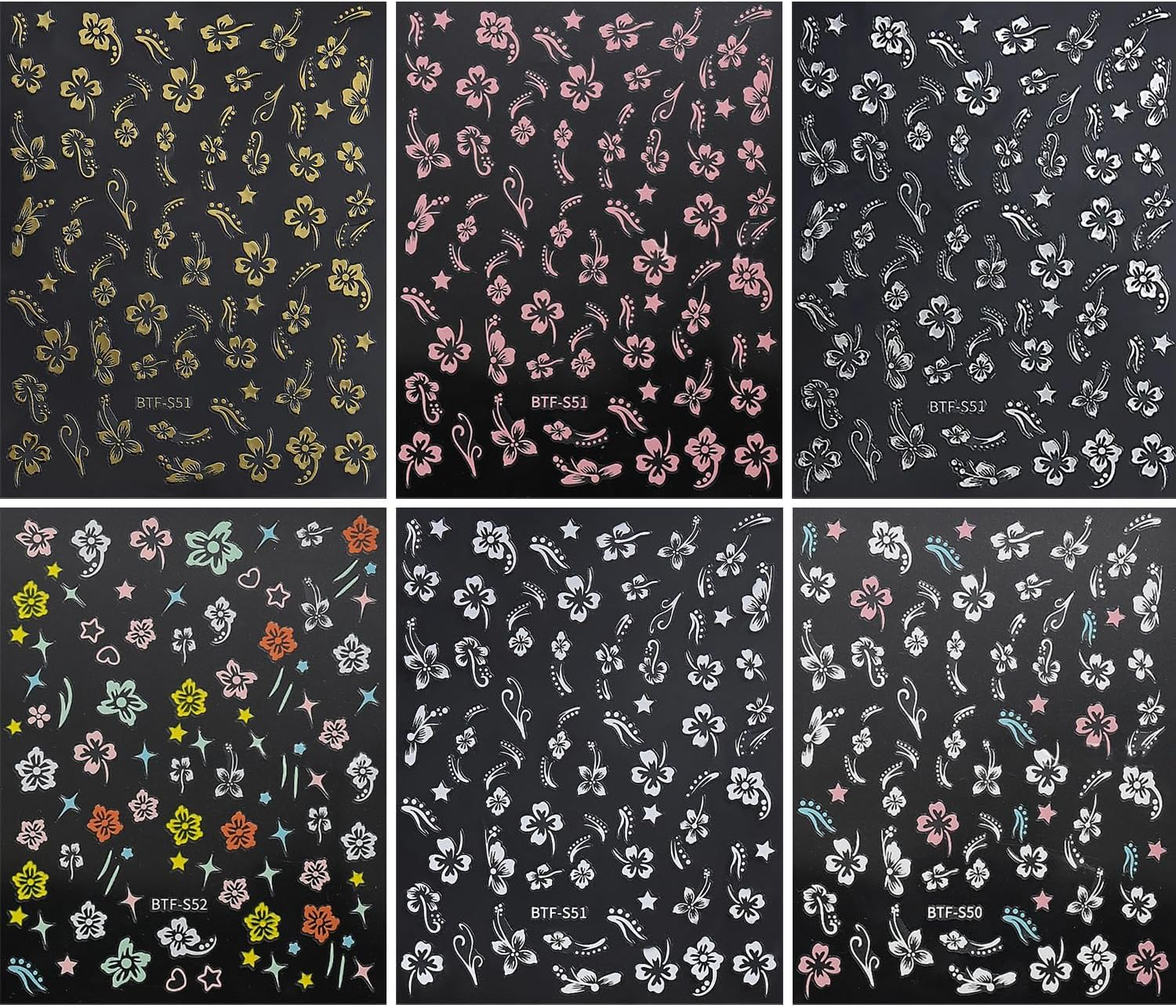 6Sheets Hibiscus Flowers Nail Stickers, 3D Self-Adhesive White Pink Gold Flower Pattern Nail Decals Manicure Tropical Accessories for Women Girls image number 2