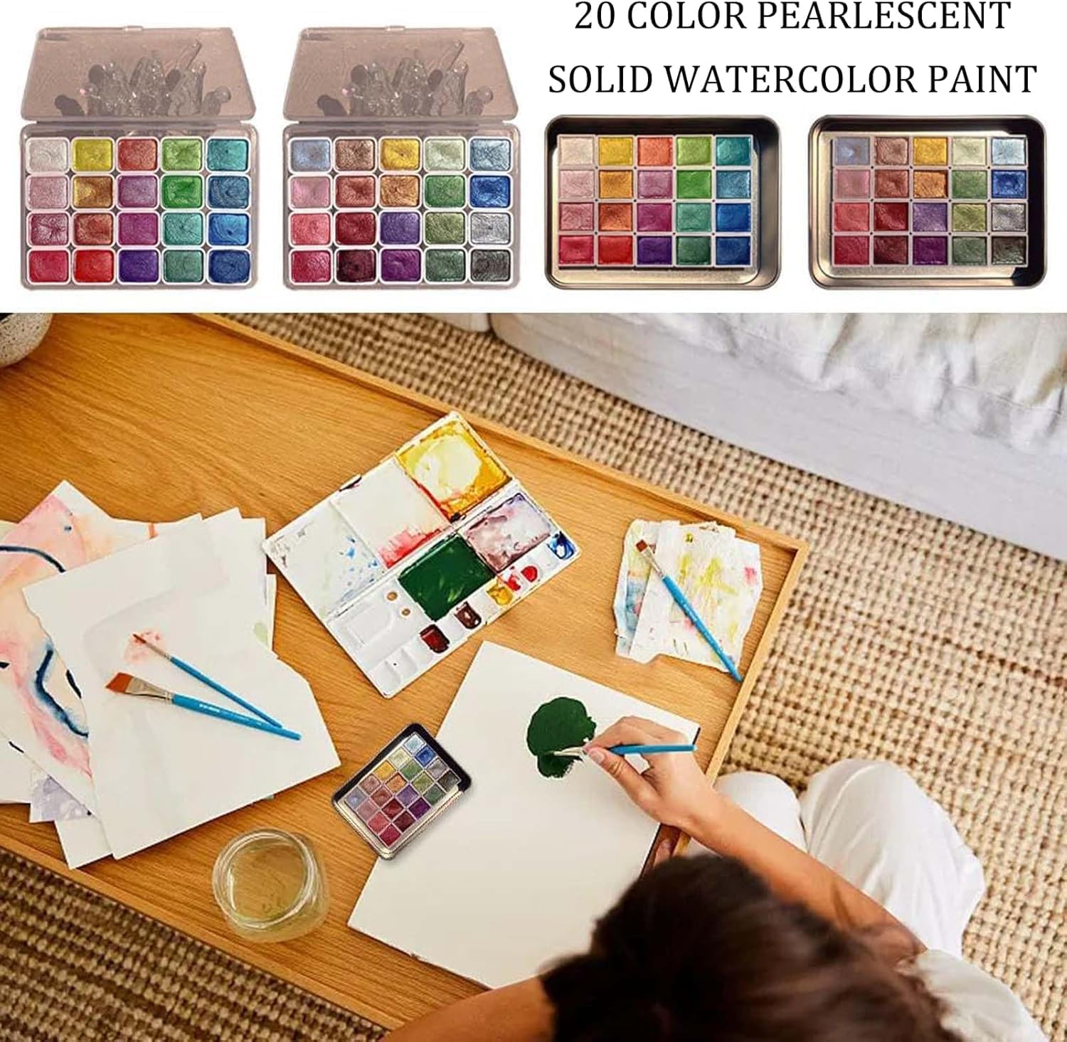 Shifting Watercolor Painting Set, Color Shifting Watercolor Paint, 20 Colors Shimmer Watercolor Paints, Glitter Water Colour Solid Paint Box, Glitter Watercolor Paint for Beginners Artists