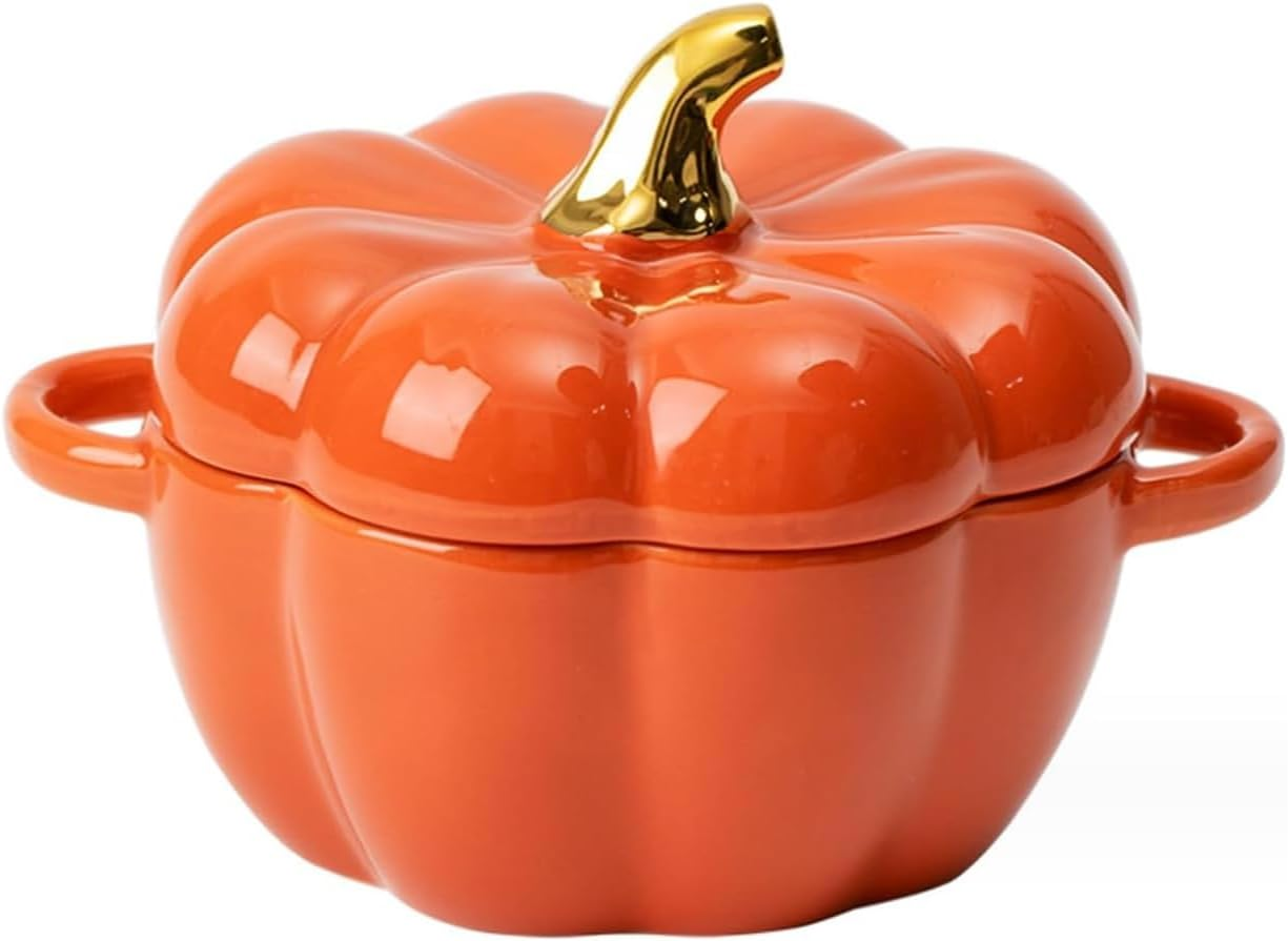 Cute Bowl with Lid, 15 Ounce Ceramic Pumpkin Soup Bowl with Handle, Microwave & Dishwasher Safe Pumpkin Dish Soup Cereal Bowl, Decor Dinnerware for Home Thanksgiving Halloween Party (White)