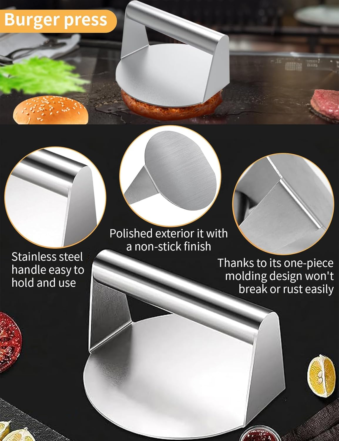 3 PCS Smashed Burger Kit, Burger Press+Grill Spatula+Seasoning Shaker, Stainless Steel Burger Smasher, Outdoor Cooking, Hamburg Making Kit, Barbecue Accessories Kit for Flat Griddle, Grilling Gift image number 4