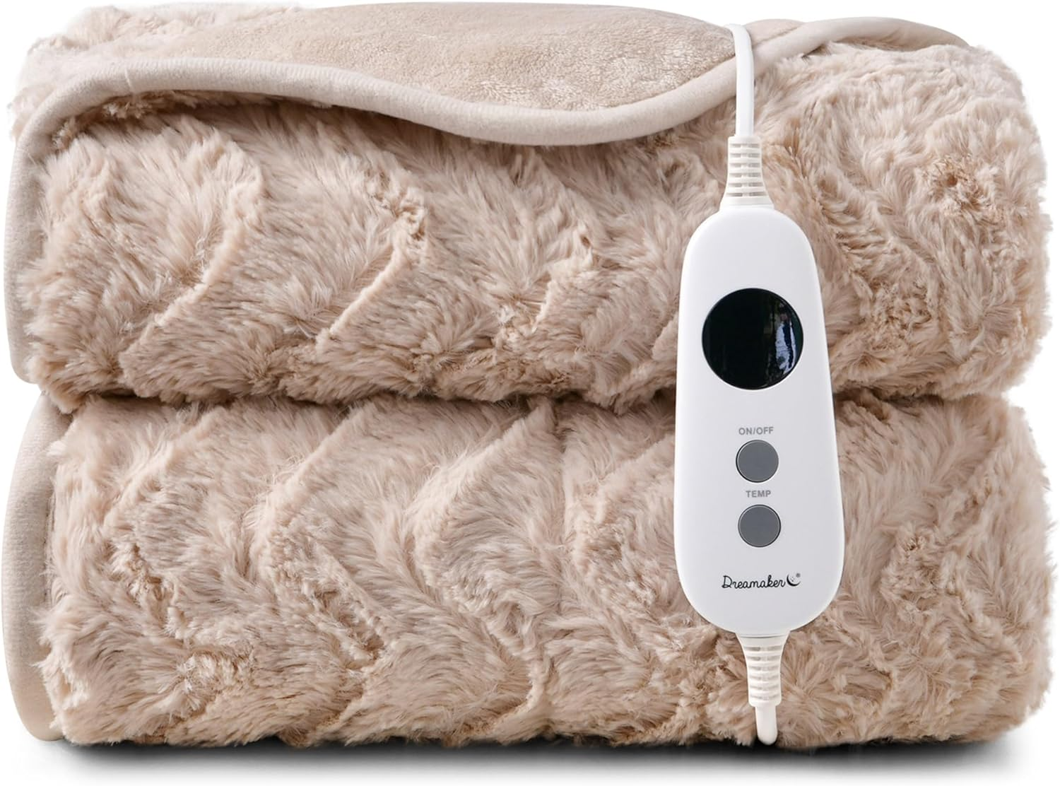 Dreamaker Luxury Faux Fur Electric Heated Throw Blanket 200X180Cm Heating Rug Reversible Coral Fleece Plush Snuggle Overheat Protection LED Display 9 Heat Settings Detachable Controller - Natural