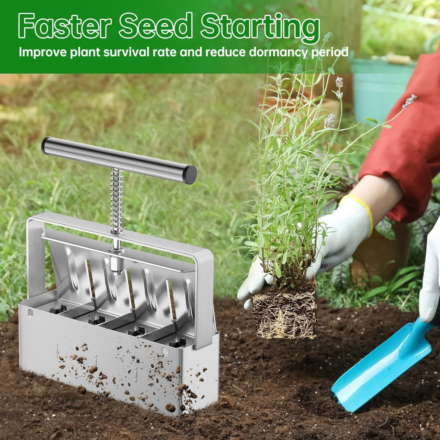 Soil Blocker, 4 Cell Soil Block Maker 5 CM with 3 Sizes Seed Pins, Seed Handheld Block Maker with Comfortable Handle, Garden Blocking Tools for Seedings, Cuttings, Greenhouses image number 2