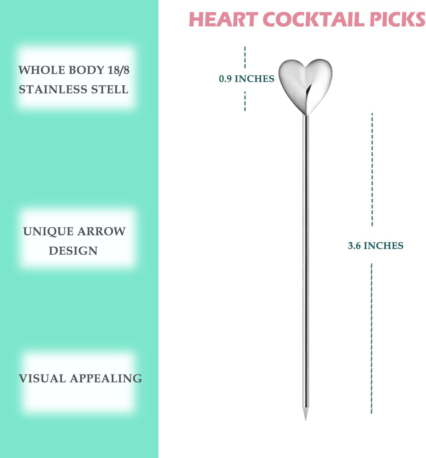 Heart Cocktail Picks for Drinks 4 Inch Stainless Steel Reusable Martini Picks Cocktail Garnish Skewers for Olive, Twist, Berry, Beach Style Decor 6-Piece image number 1