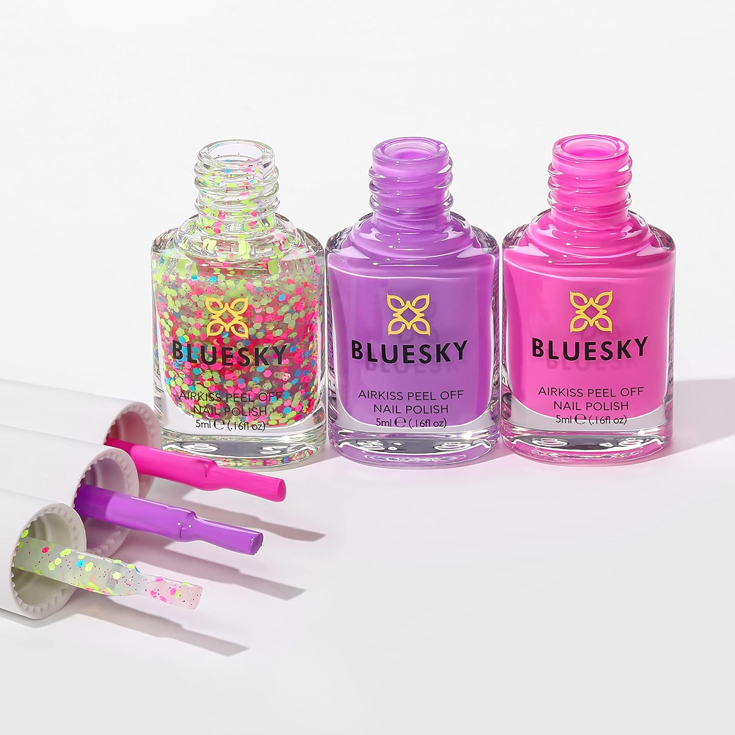 Bluesky Kids Nail Varnish Set - Party Time Collection. Pink,Purple,Confetti Glitter. Easy Peel-Off,Non-Toxic,Water- Based,Odour-Free Nail Polish for Kids,Gift Set,3 X 5Ml Stickers Kids-Party-Time image number 4