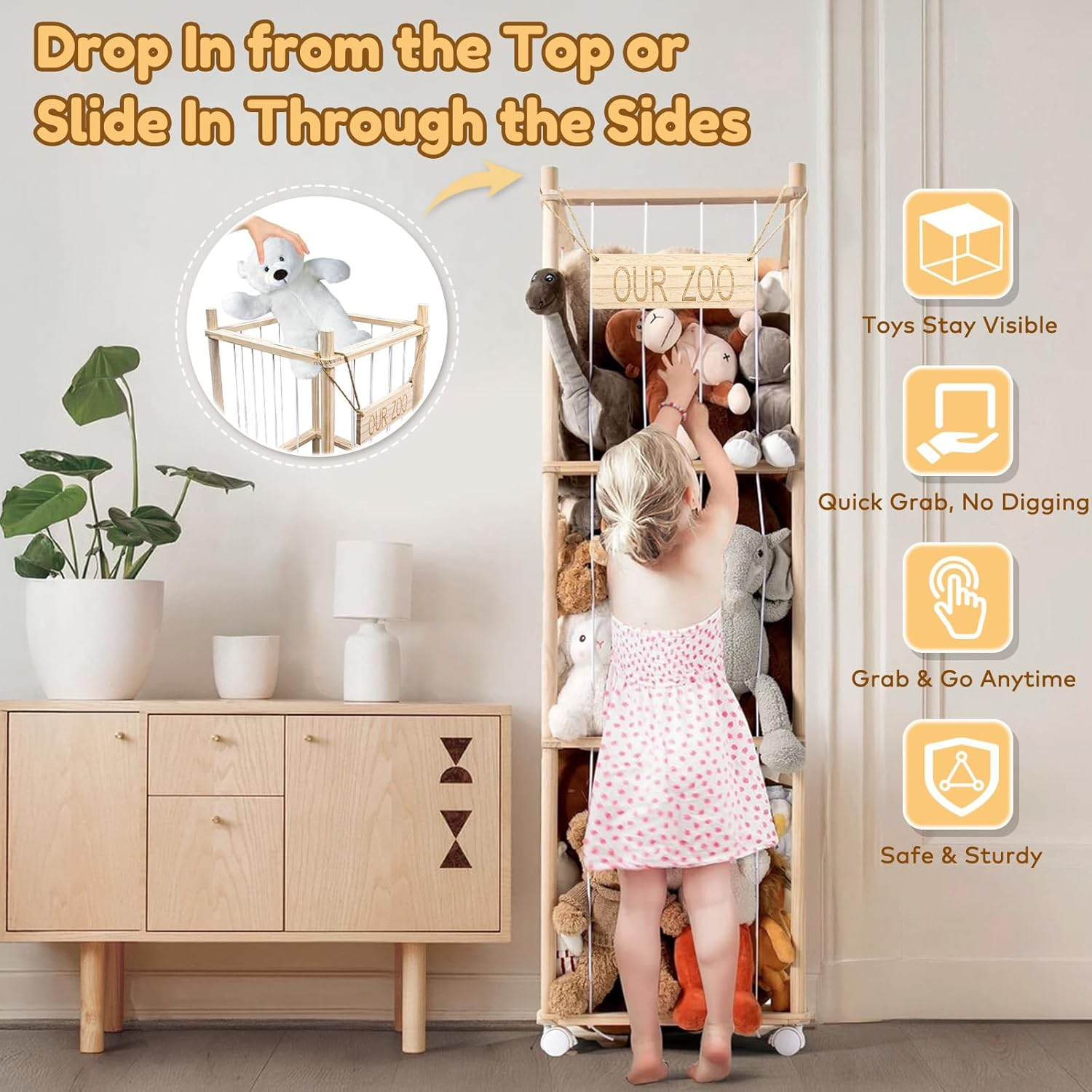 Wooden Plush Toy Storage Tower with Wheels, Stuffed Animal Storage Elastic Cord Cage for Plush Toys, Soft Toy Organiser for Kids' Room & Play Area image number 5