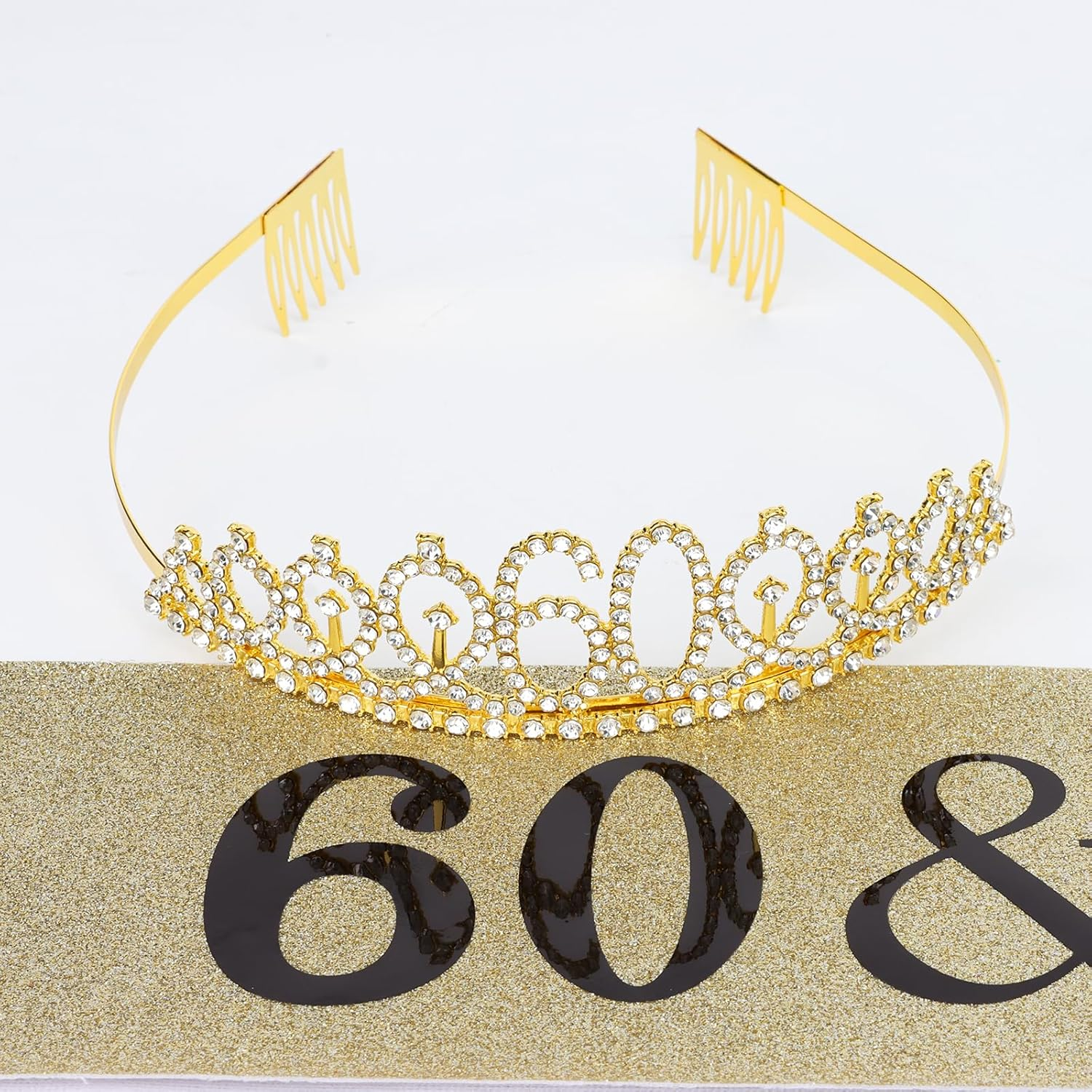 KIUEZIR Golden 60Th Birthday Tiara & Sash Set - Rhinestone Alloy 60Th Crown with Comb & Glitter Ribbon "60 & Fabulous" for Mom'S & Grandma'S Birthday Parties, Anniversaries and Photoshoots image number 2