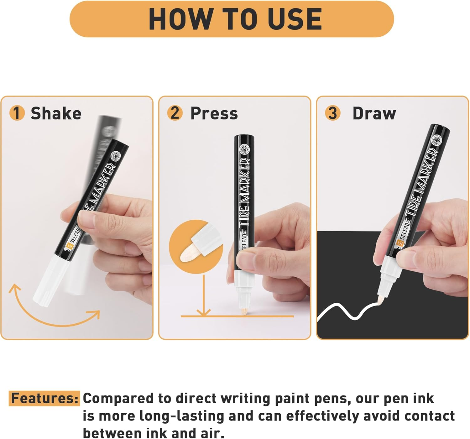 SELEAD Tire Marker White - 8 Pack Paint Pens for Car Tires Lettering, Premium Professional Oil-Based Ink, Waterproof Non-Fading Permanent Markers image number 5