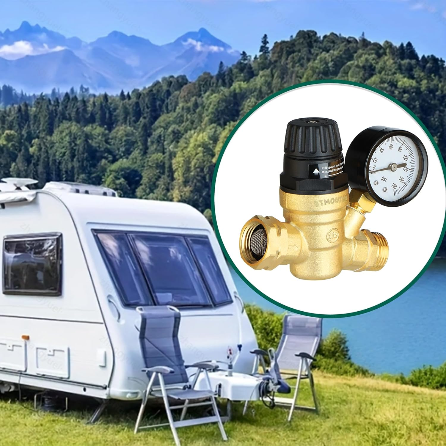 RV Water Pressure Regulator for RV Camper. Brass Lead-Free Adjustable Camper Water Pressure Regulator with 0-160 PSI Gauge ，Reducer Valve W Filter，Package Includes 1 Raw Tape for Water Pipes. image number 2