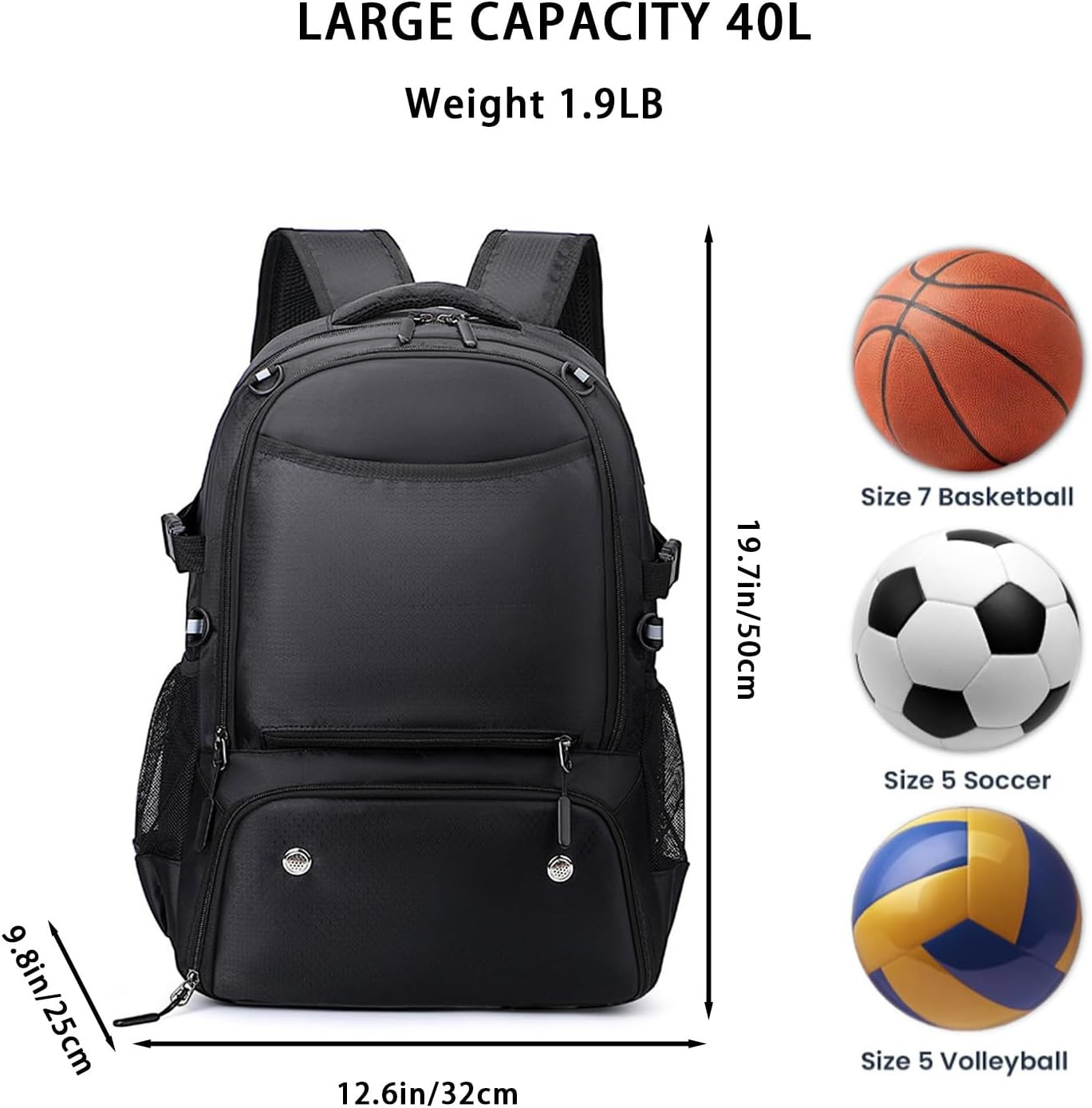 Ruaizel Basketball Backpack with Separate Ball Holder & Shoes Compartment, 40L Large Capacity Basketball Equipment Bag with Detachable Mesh Pocket for Volleyball Soccer Swim Gym Travel (Black) image number 6