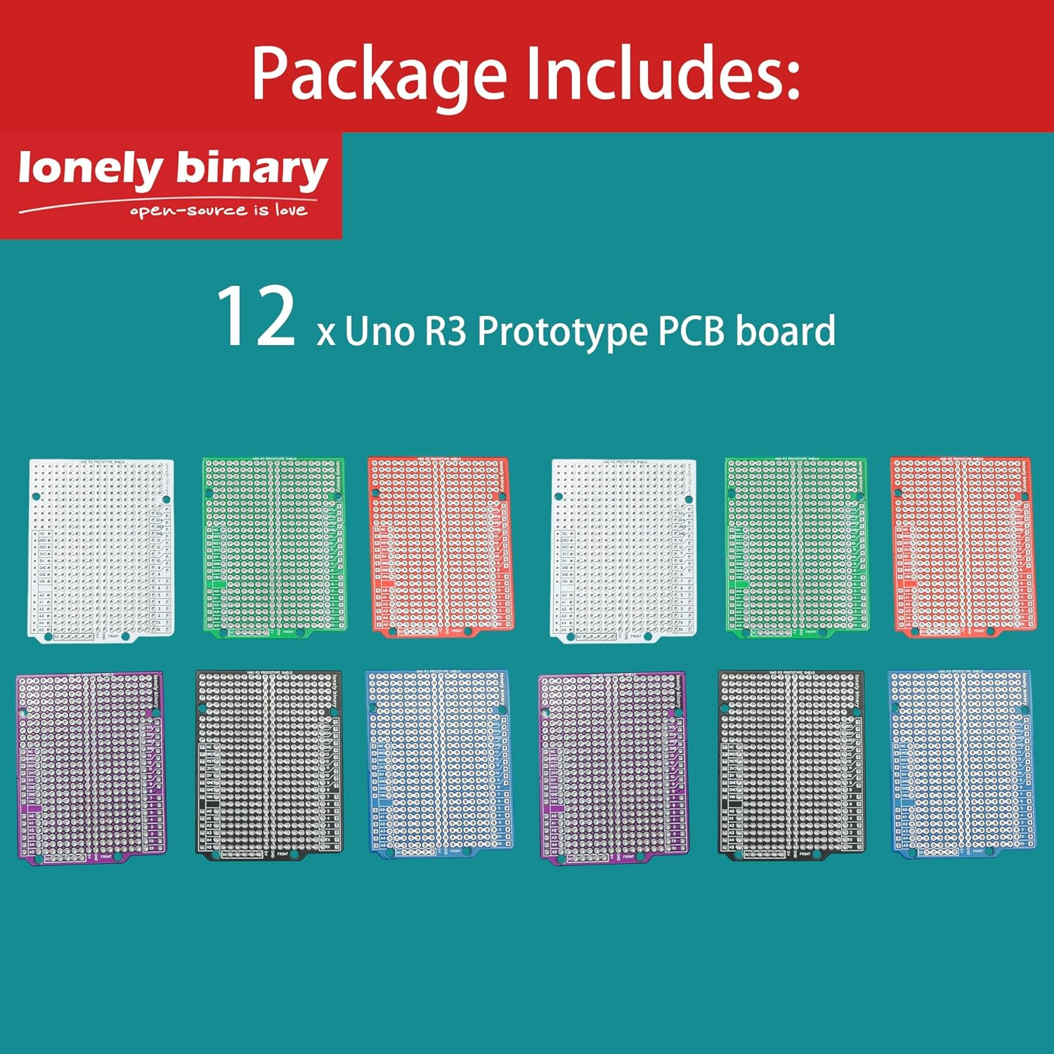 Lonely Binary 12-Pack Uno R3 Prototype PCB Boards &ndash; Color-Coded Solderable Breadboards Compatible with Arduino, ESP32, Raspberry Pi for DIY Electronics, Prototyping & STEM Projects image number 3