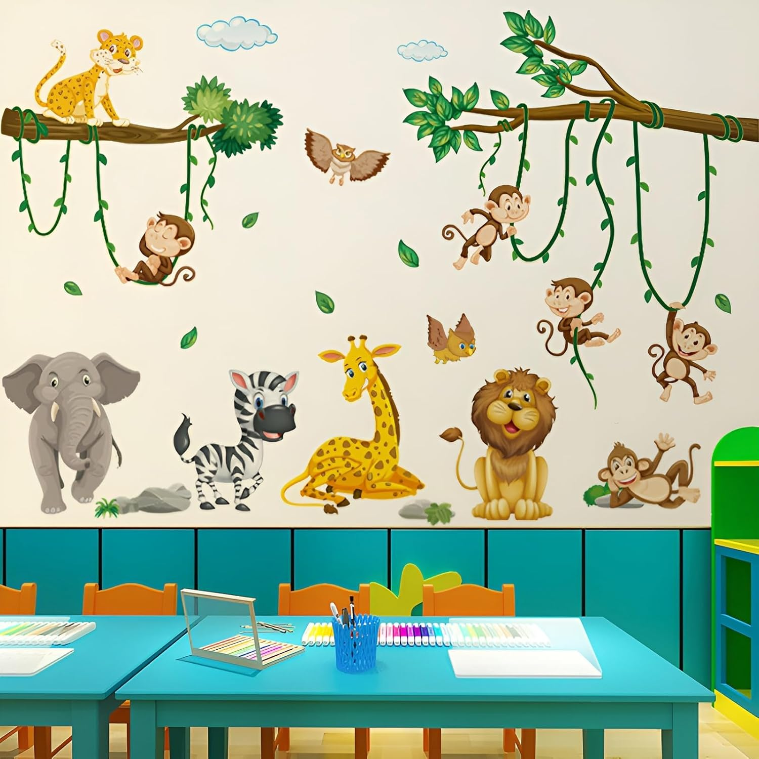 Large Jungle Animal Wall Decals, Animal Party Windows for Early Education Children'S Room, Nursery Decorated with Giraffe Elephant Monkey Tree Branches image number 2