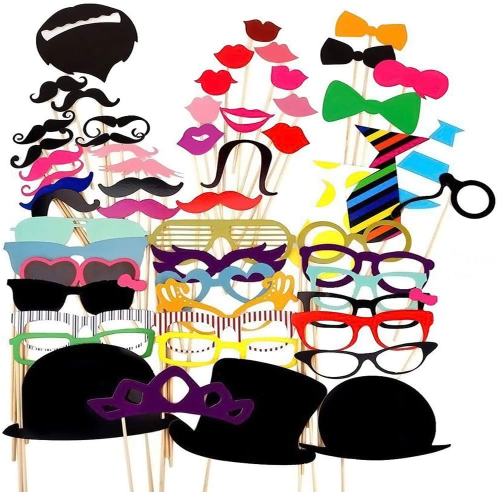 Party Props for Photo Booth Birthday Wedding Kids Adult Prom 58 Pcs, DIY Funny Skywoo Costumes with Mustache on a Stick, Hats, Glasses, Mouth, Bowler, Bowties image number 4