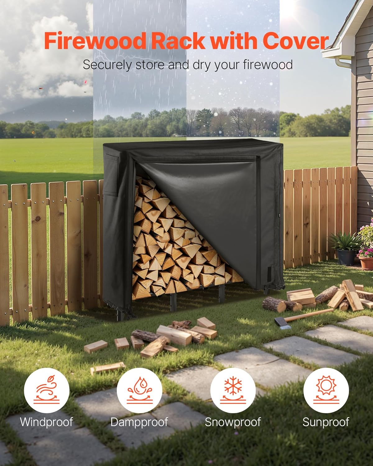 VEVOR Firewood Rack with Waterproof Cover, 1.22M Outdoor Firewood Holder, 1/4 Cord Storage Metal Log Holder, 400Lb Max Weight Capacity, Full Covered, Powder-Coated Wood Storage Rack for Fireplace Deck image number 5