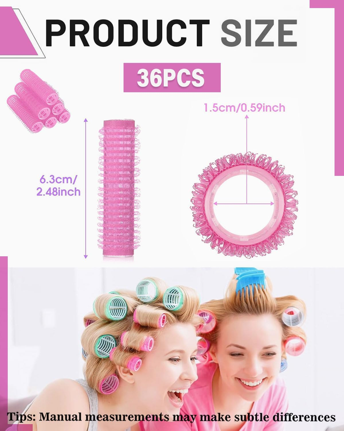 TPZORJX 37 Pieces Manual Hair Rollers Self Adhesive for Salon Hair Salon Rat Tail Comb DIY Curlers with Steel Needle Tip Combs (Rose) image number 2